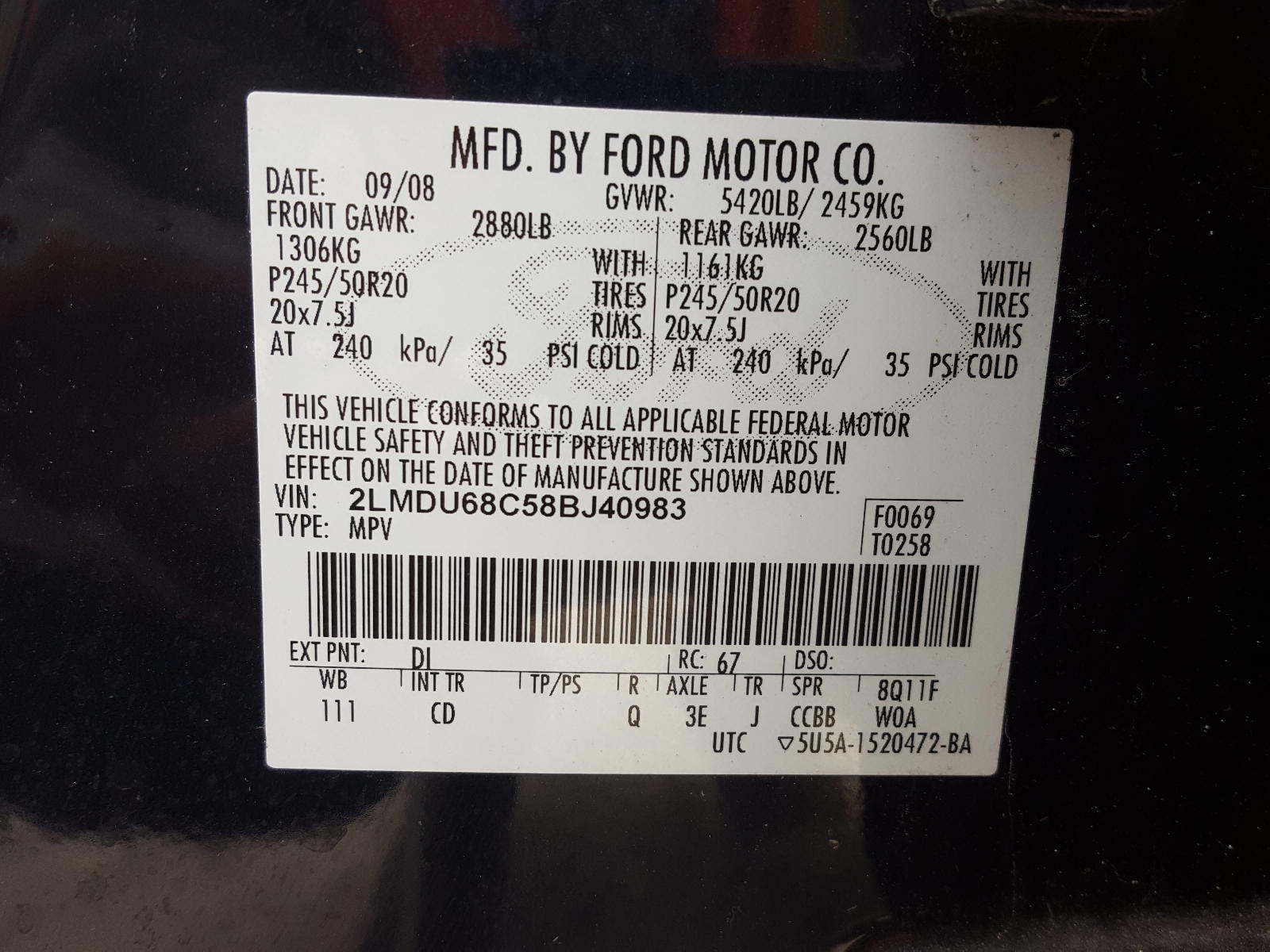 Photo 10 from auction – 2008 LINCOLN MKX with VIN 2LMDU68C58BJ40983