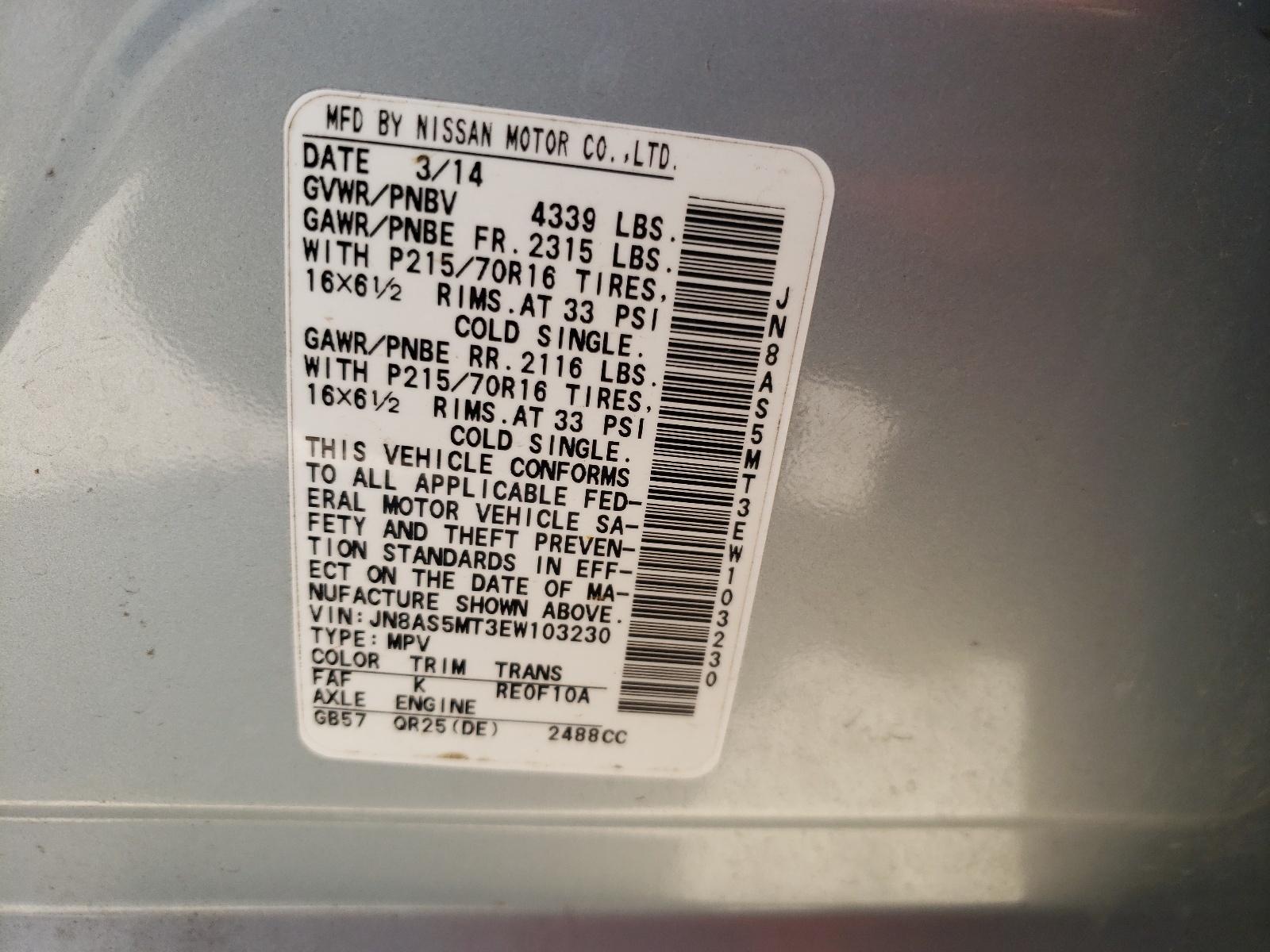 Photo 10 from auction – 2014 NISSAN ROGUE SELE with VIN JN8AS5MT3EW103230