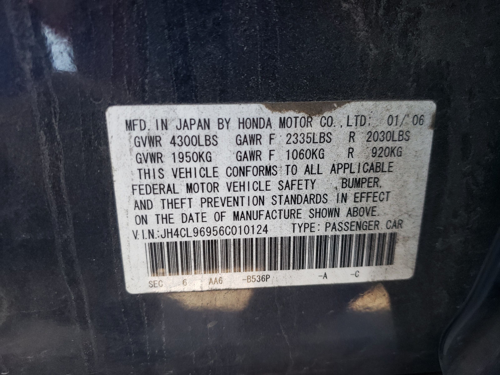 Photo 10 from auction – 2006 ACURA TSX with VIN JH4CL96956C010124
