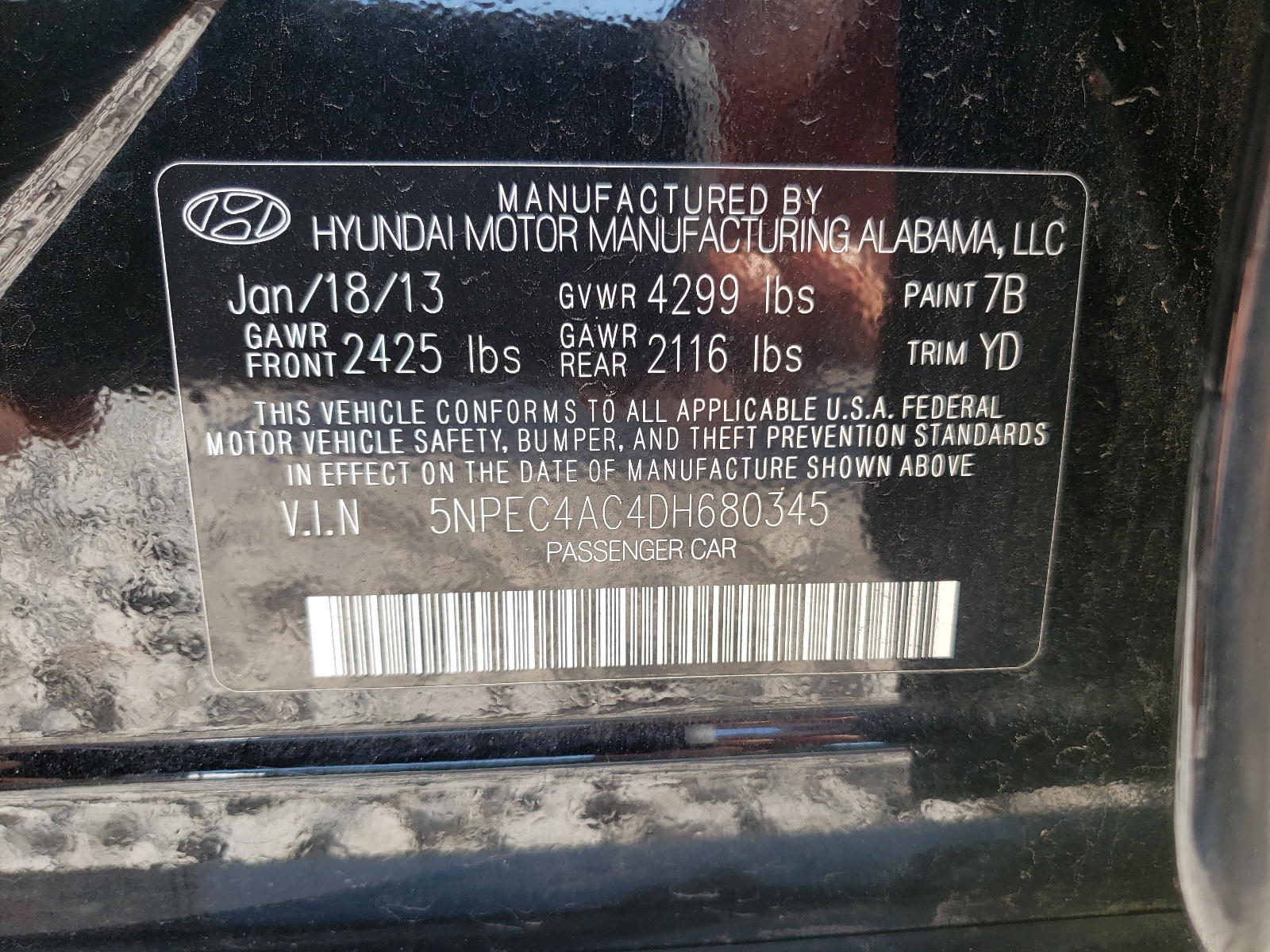 Photo 10 from auction – 2013 HYUNDAI SONATA SE with VIN 5NPEC4AC4DH680345