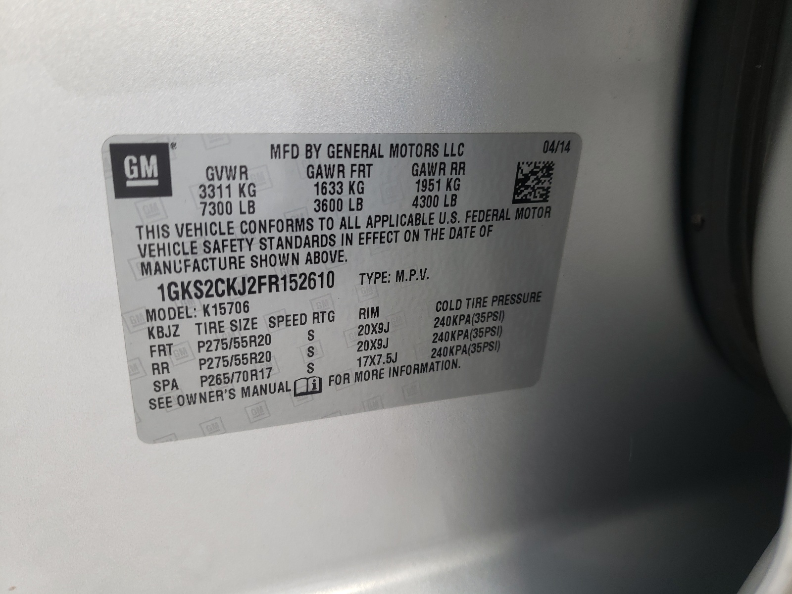 Photo 10 from auction – 2015 GMC YUKON DENA with VIN 1GKS2CKJ2FR152610