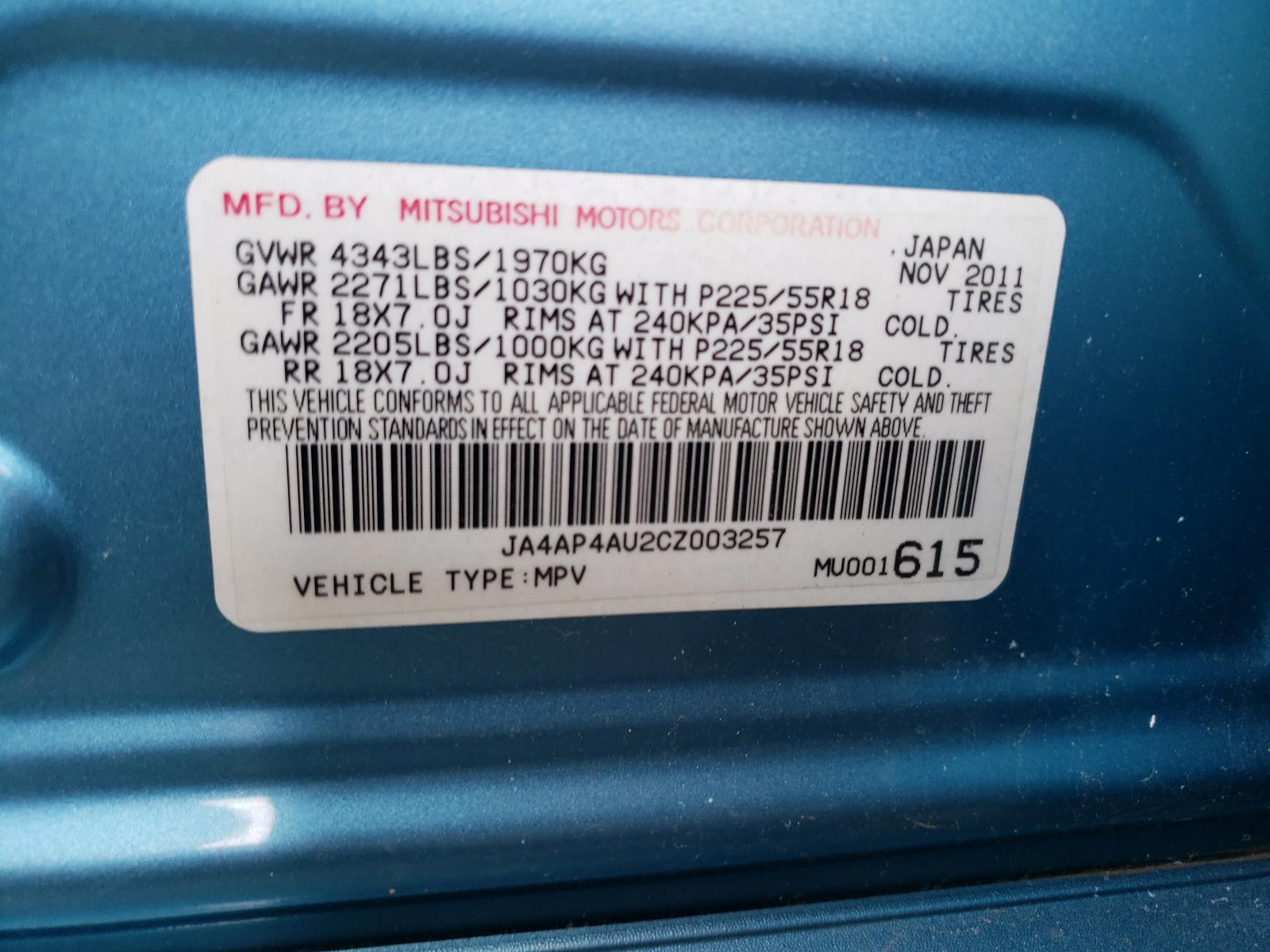 Photo 10 from auction – 2012 MITSUBISHI OUTLANDER with VIN JA4AP4AU2CZ003257