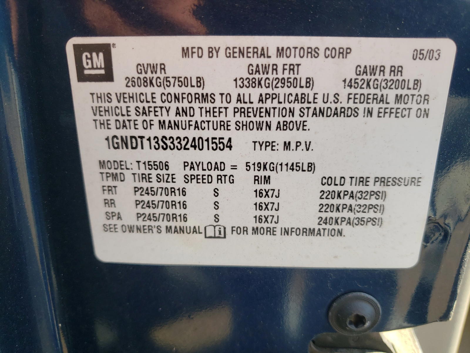 Photo 10 from auction – 2003 CHEVROLET TRAILBLAZE with VIN 1GNDT13S332401554