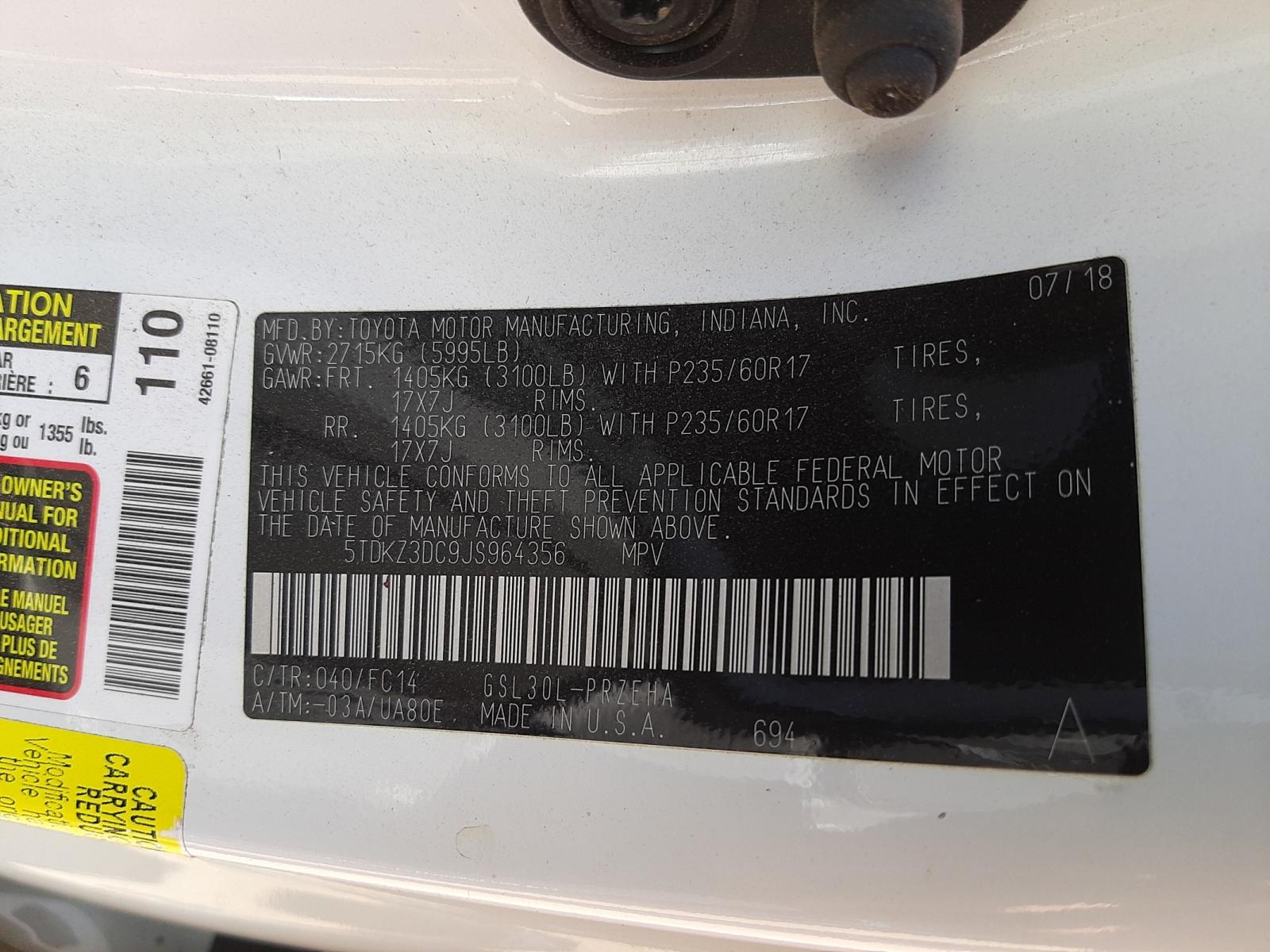 Photo 10 from auction – 2018 TOYOTA SIENNA LE with VIN 5TDKZ3DC9JS964356