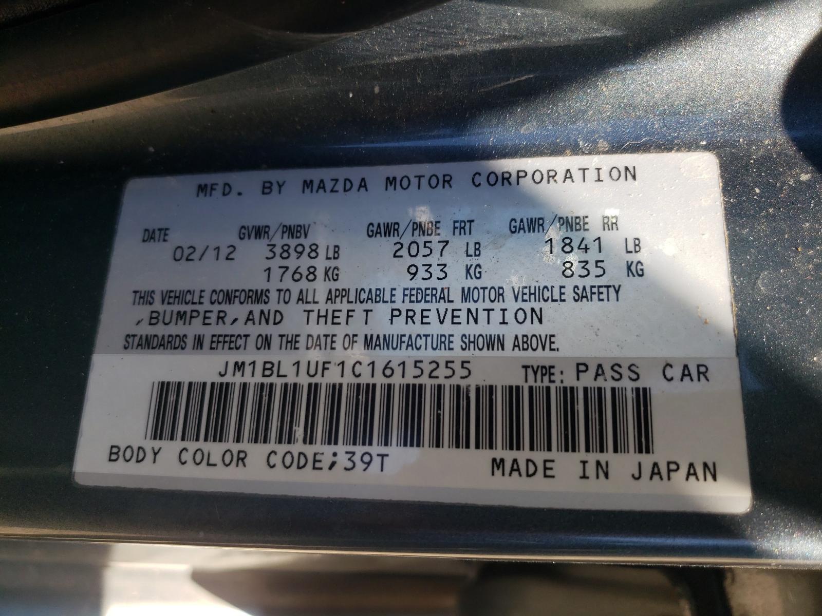 Photo 10 from auction – 2012 MAZDA 3 I with VIN JM1BL1UF1C1615255