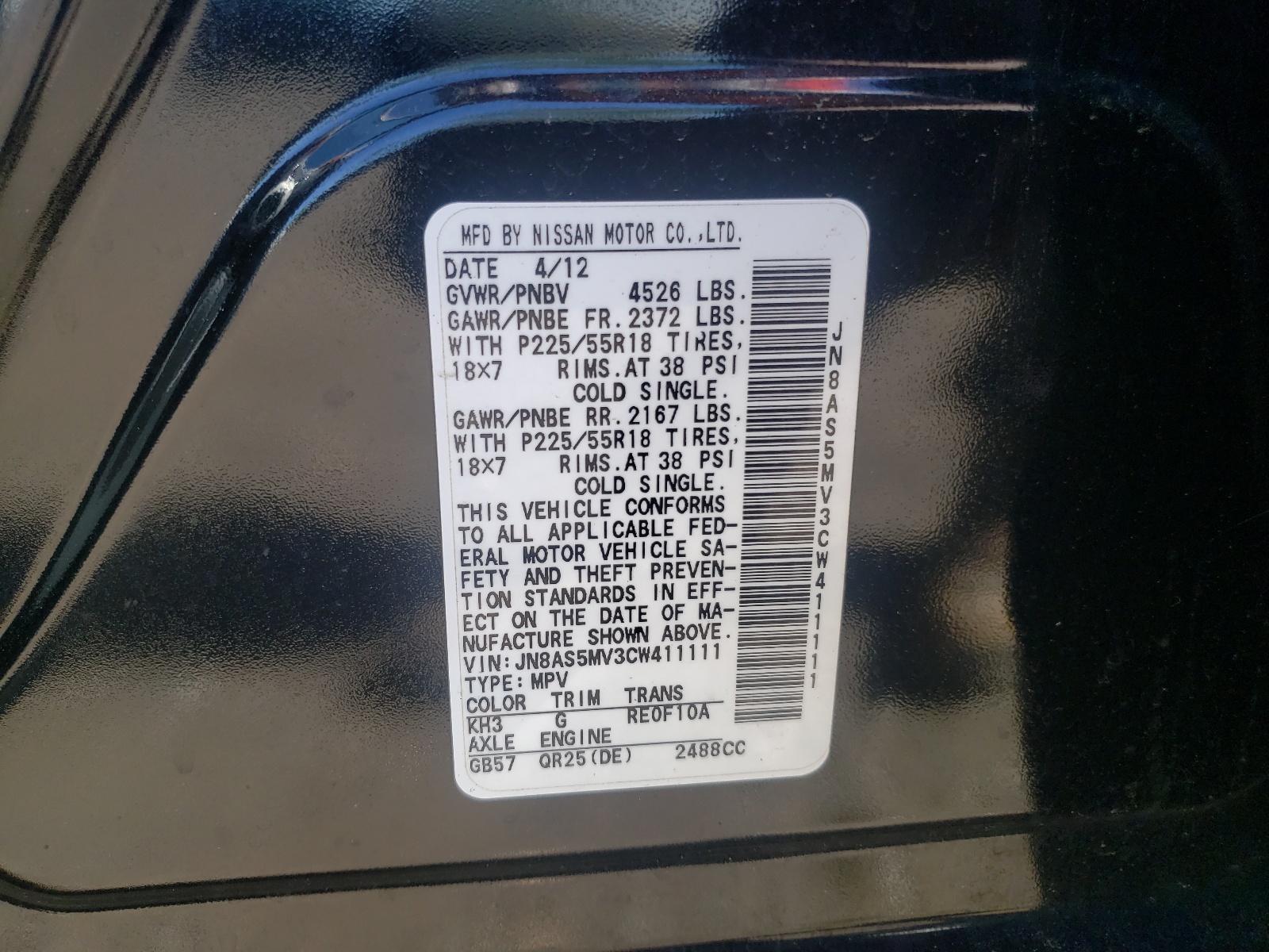 Photo 10 from auction – 2012 NISSAN ROGUE with VIN JN8AS5MV3CW411111