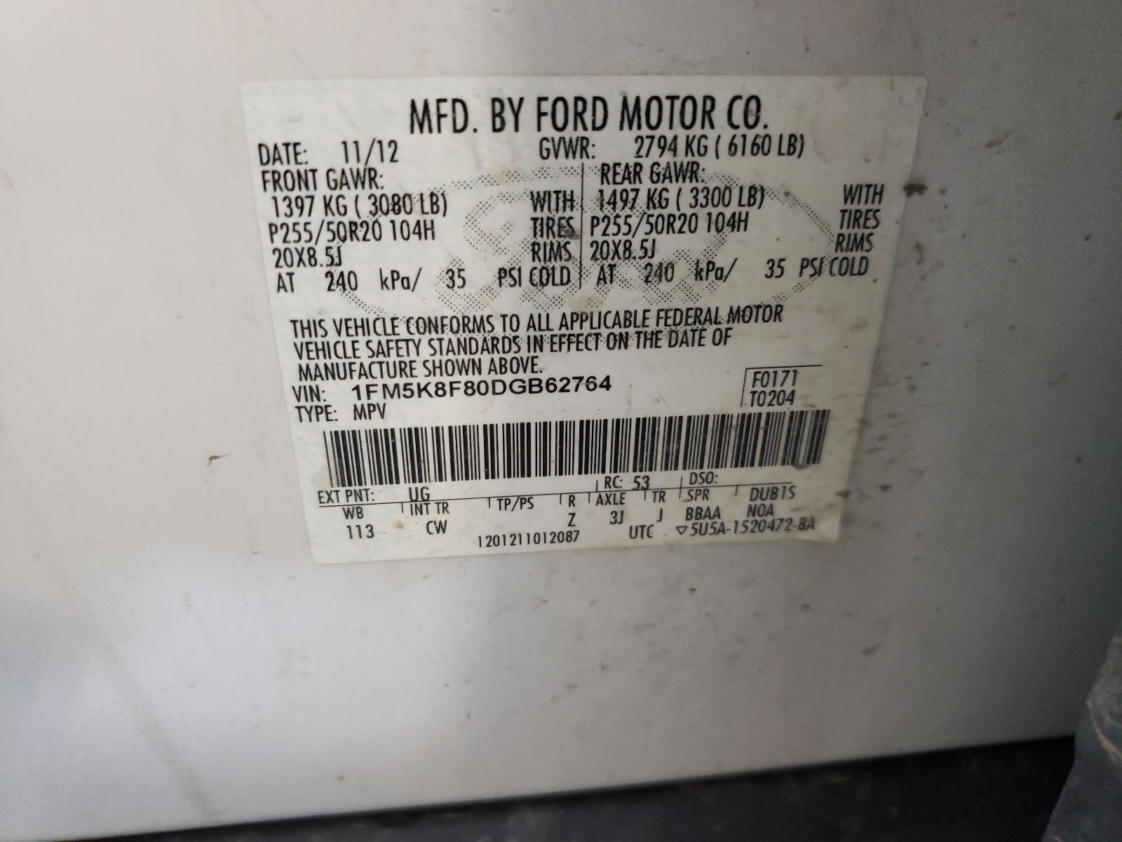 Photo 10 from auction – 2013 FORD EXPLORER L with VIN 1FM5K8F80DGB62764