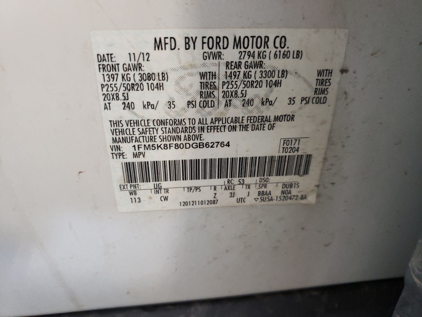 Foto 10 de la subasta – 2013 FORD EXPLORER L con VIN 1FM5K8F80DGB62764