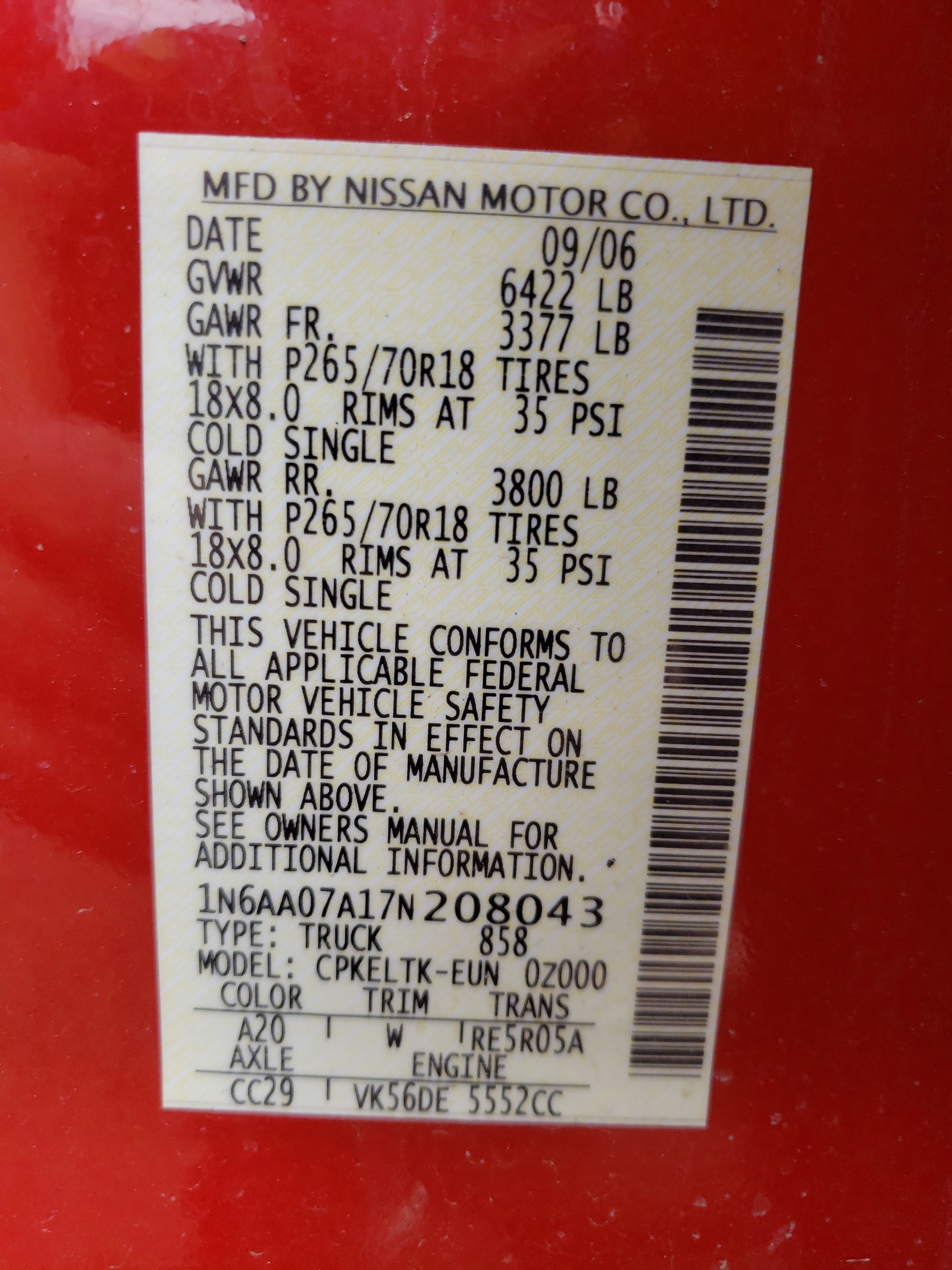 Photo 10 from auction – 2007 NISSAN TITAN XE with VIN 1N6AA07A17N208043