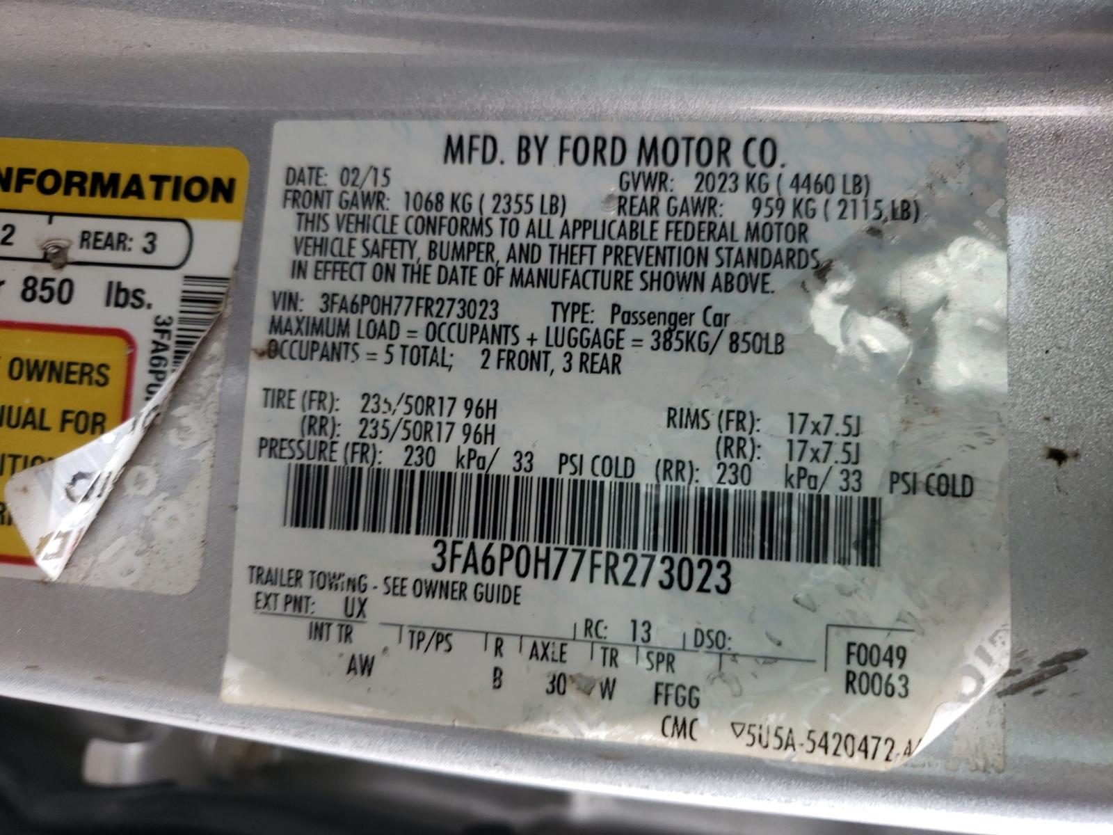 Photo 10 from auction – 2015 FORD FUSION SE with VIN 3FA6P0H77FR273023