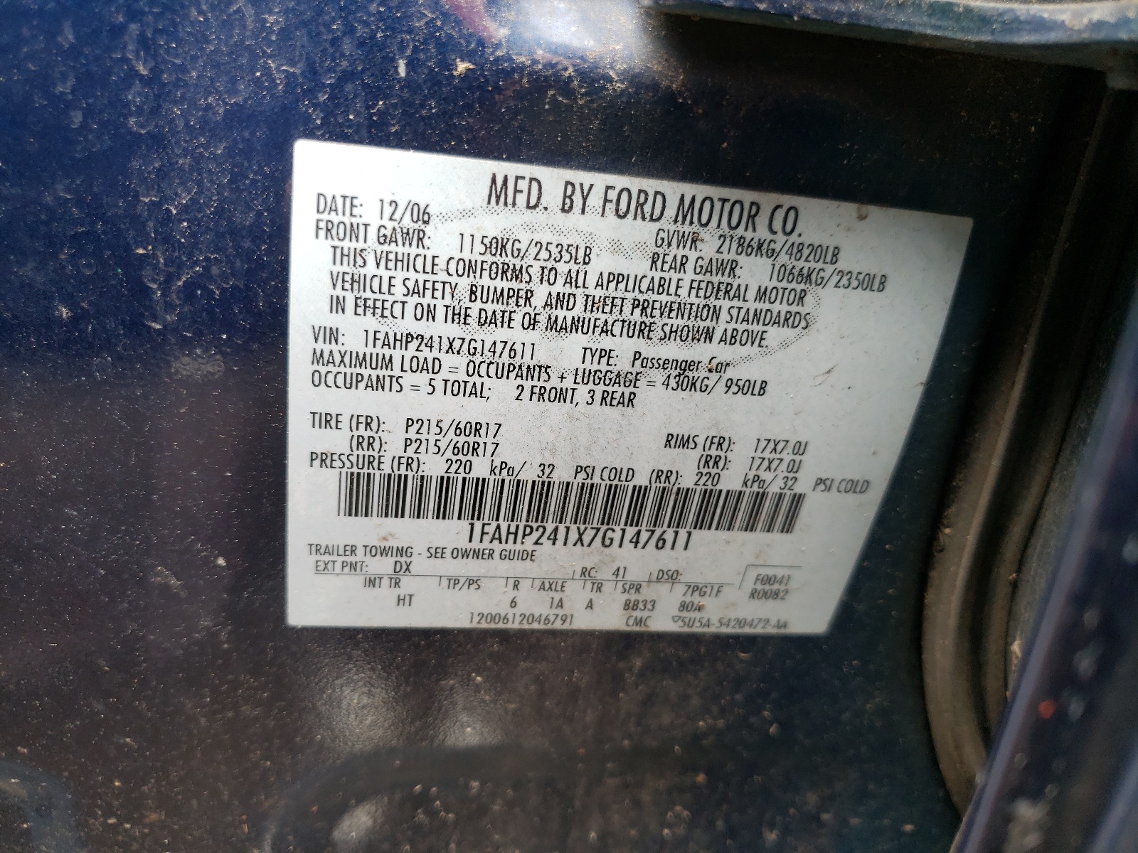 Photo 10 from auction – 2007 FORD FIVE HUNDR with VIN 1FAHP241X7G147611