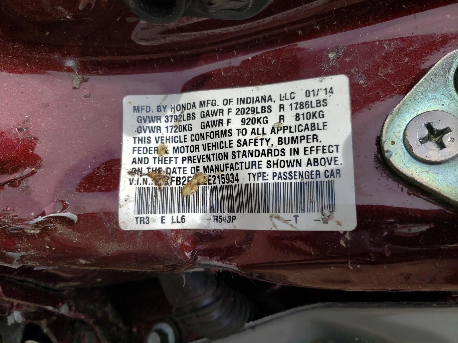 Photo 10 from auction – 2014 HONDA CIVIC EX with VIN 19XFB2F83EE215934