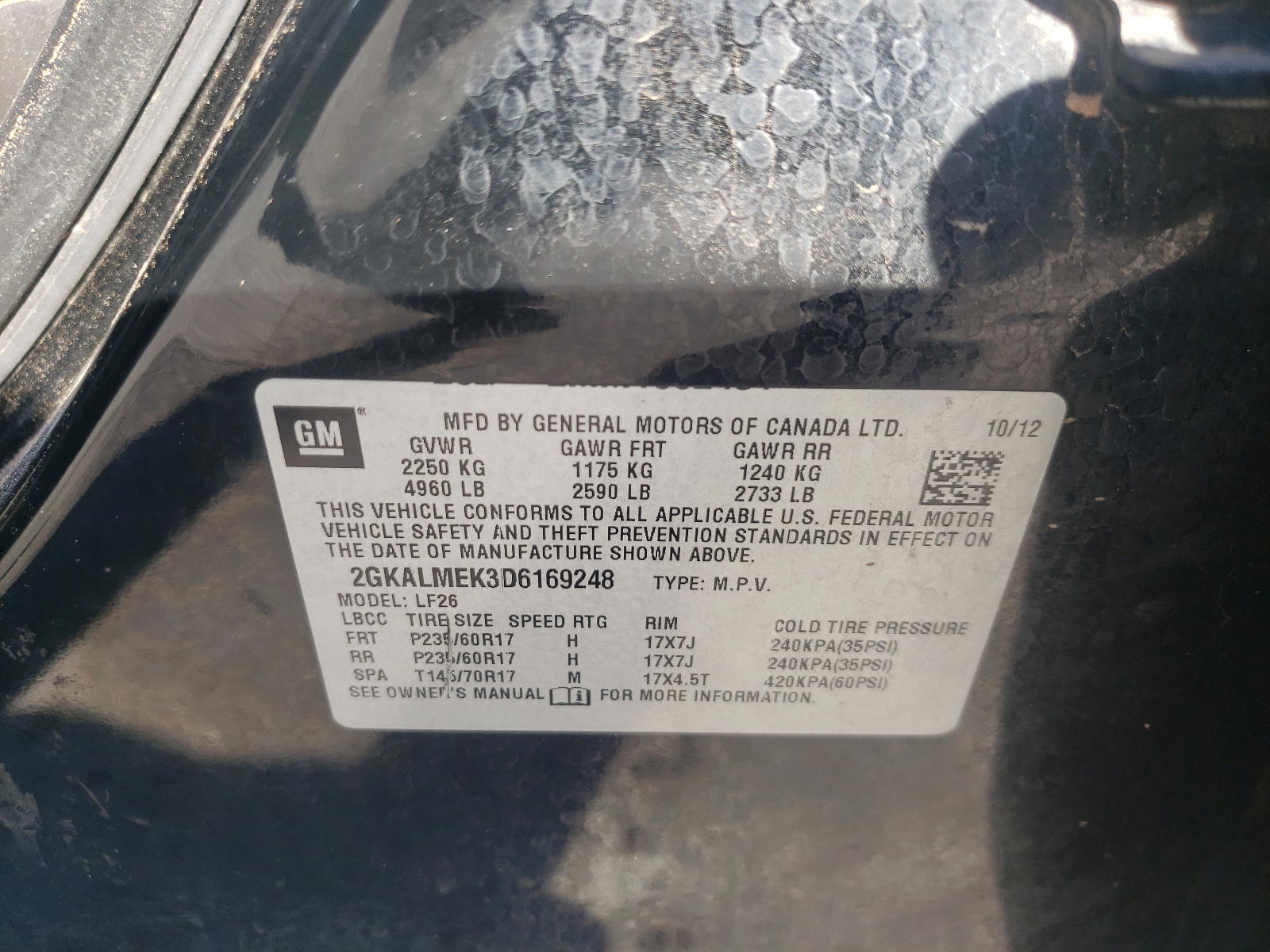Photo 10 from auction – 2013 GMC TERRAIN SL with VIN 2GKALMEK3D6169248