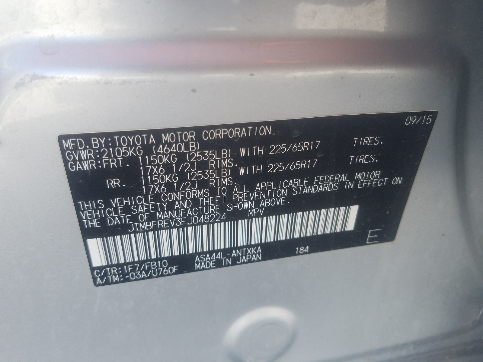 Photo 10 from auction – 2015 TOYOTA RAV4 LE with VIN JTMBFREV3FJ048224