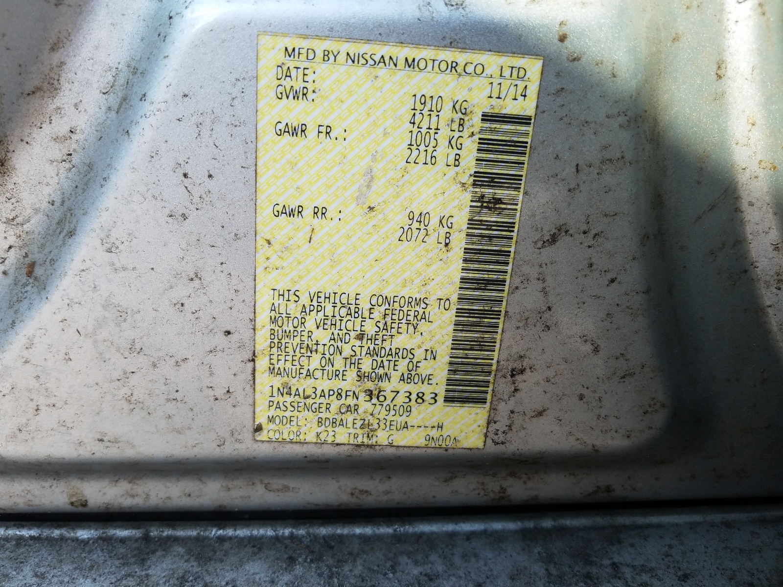 Photo 10 from auction – 2015 NISSAN ALTIMA 2.5 with VIN 1N4AL3AP8FN367383