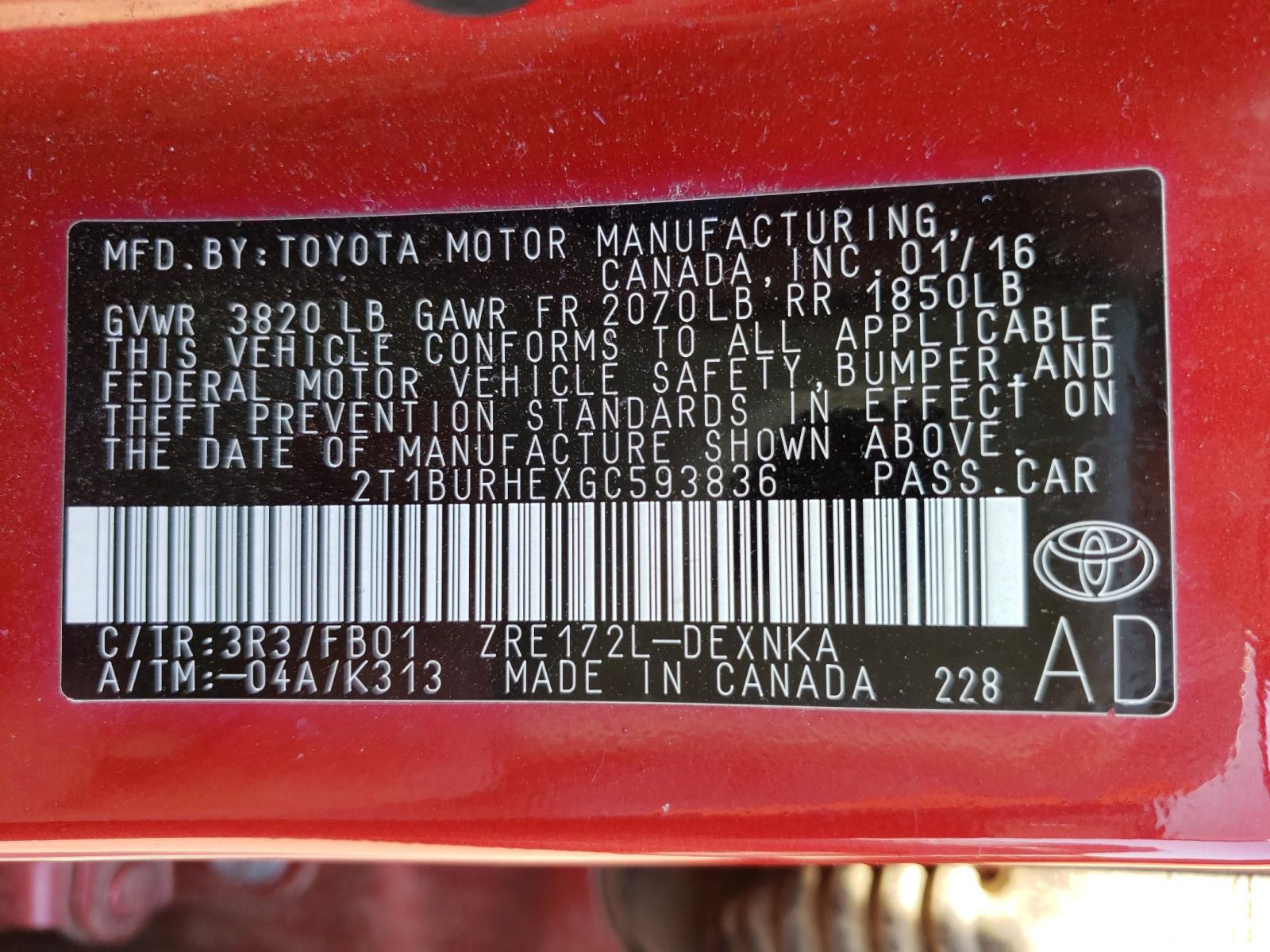 Photo 10 from auction – 2016 TOYOTA COROLLA L with VIN 2T1BURHEXGC593836