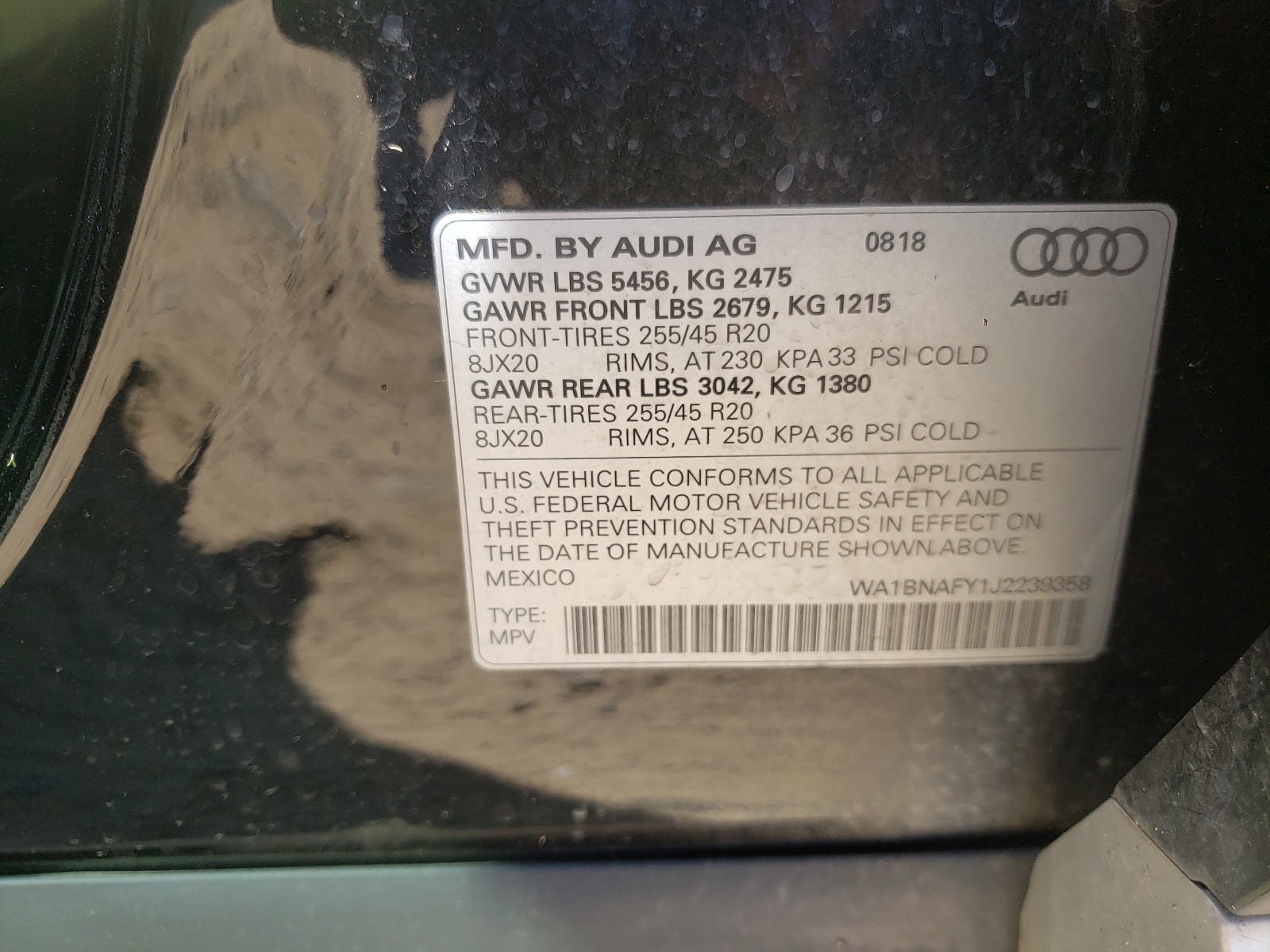 Photo 10 from auction – 2018 AUDI Q5 PREMIUM with VIN WA1BNAFY1J2239358