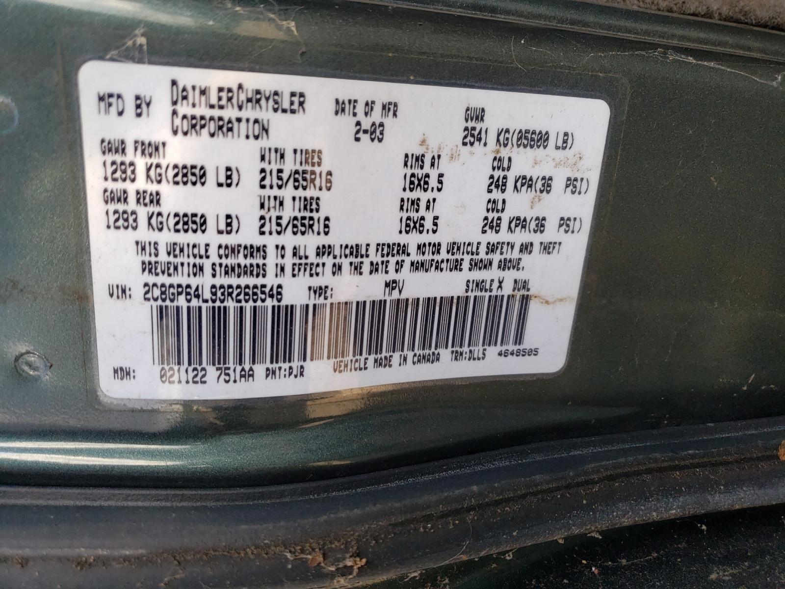 Photo 10 from auction – 2003 CHRYSLER TOWN AND C with VIN 2C8GP64L93R266546