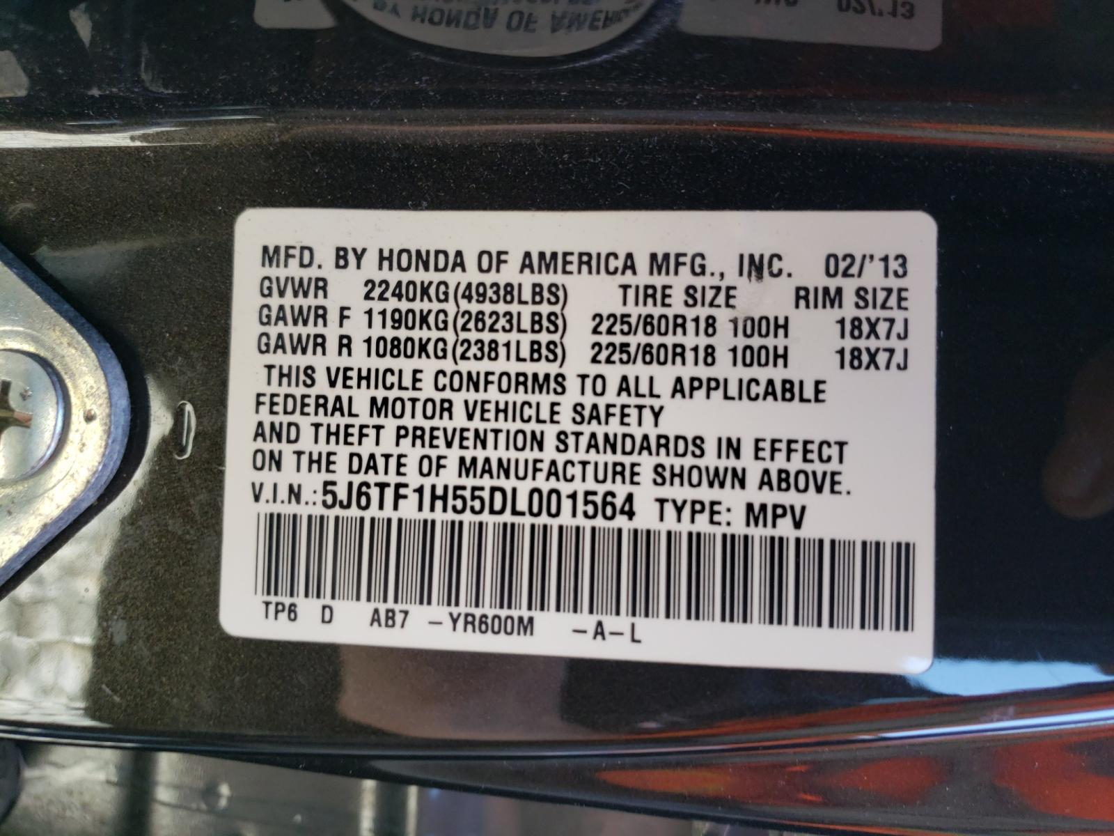 Photo 10 from auction – 2013 HONDA CROSSTOUR with VIN 5J6TF1H55DL001564