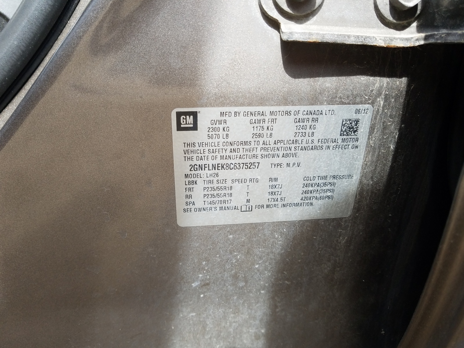 Photo 10 from auction – 2012 CHEVROLET EQUINOX LT with VIN 2GNFLNEK8C6375257