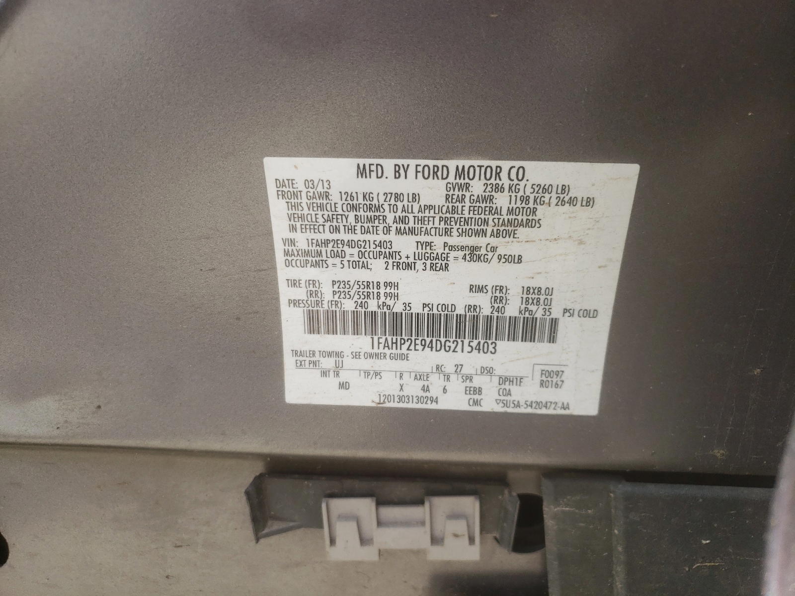 Photo 10 from auction – 2013 FORD TAURUS SEL with VIN 1FAHP2E94DG215403