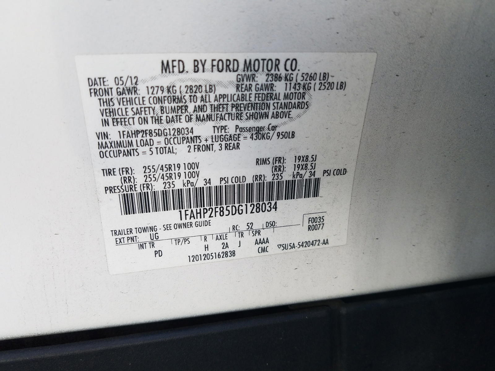 Photo 10 from auction – 2013 FORD TAURUS LIM with VIN 1FAHP2F85DG128034