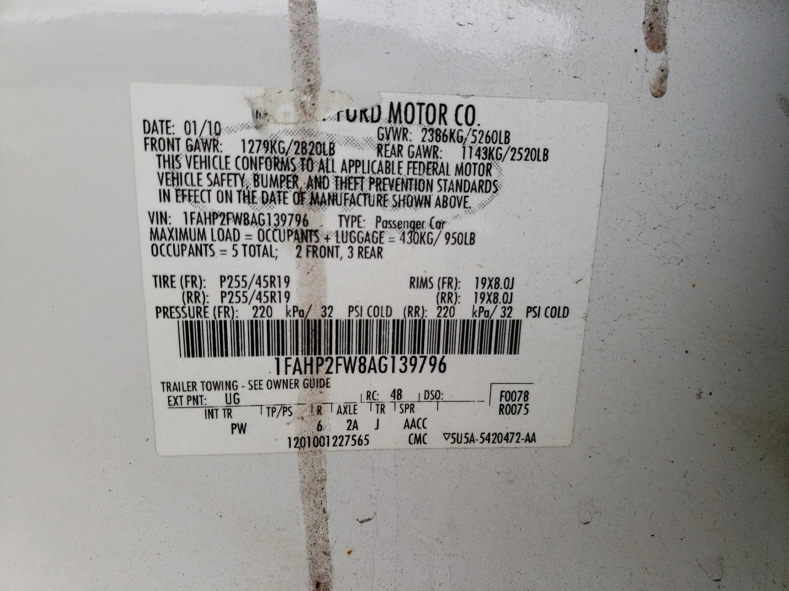 Photo 10 from auction – 2010 FORD TAURUS LIM with VIN 1FAHP2FW8AG139796