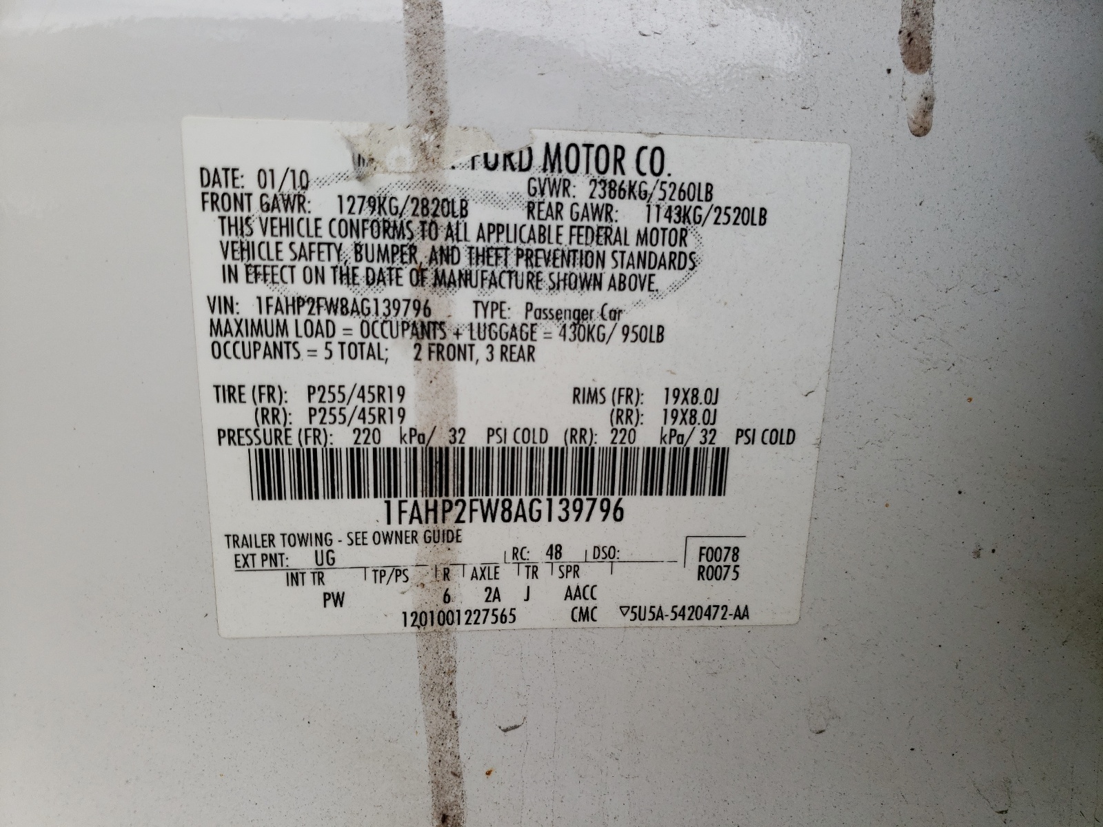 Foto 10 de la subasta – 2010 FORD TAURUS LIM con VIN 1FAHP2FW8AG139796