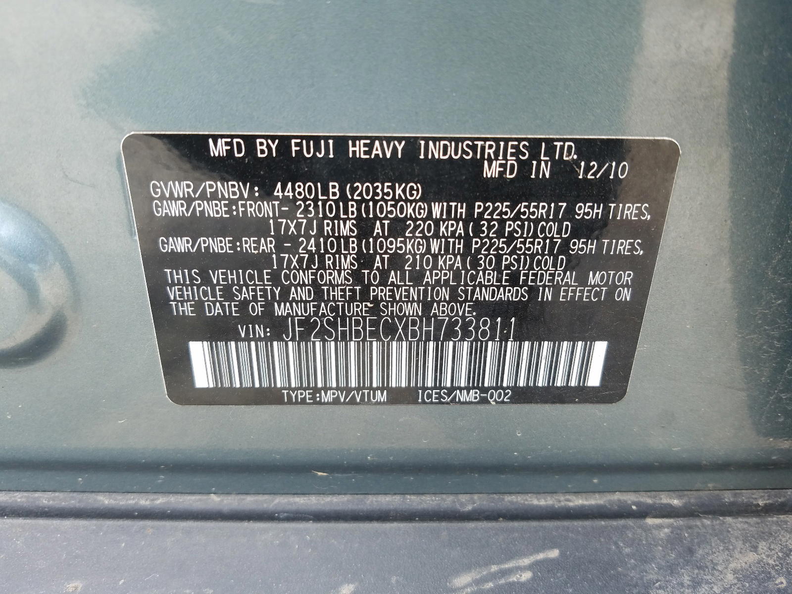 Photo 10 from auction – 2011 SUBARU FORESTER L with VIN JF2SHBECXBH733811