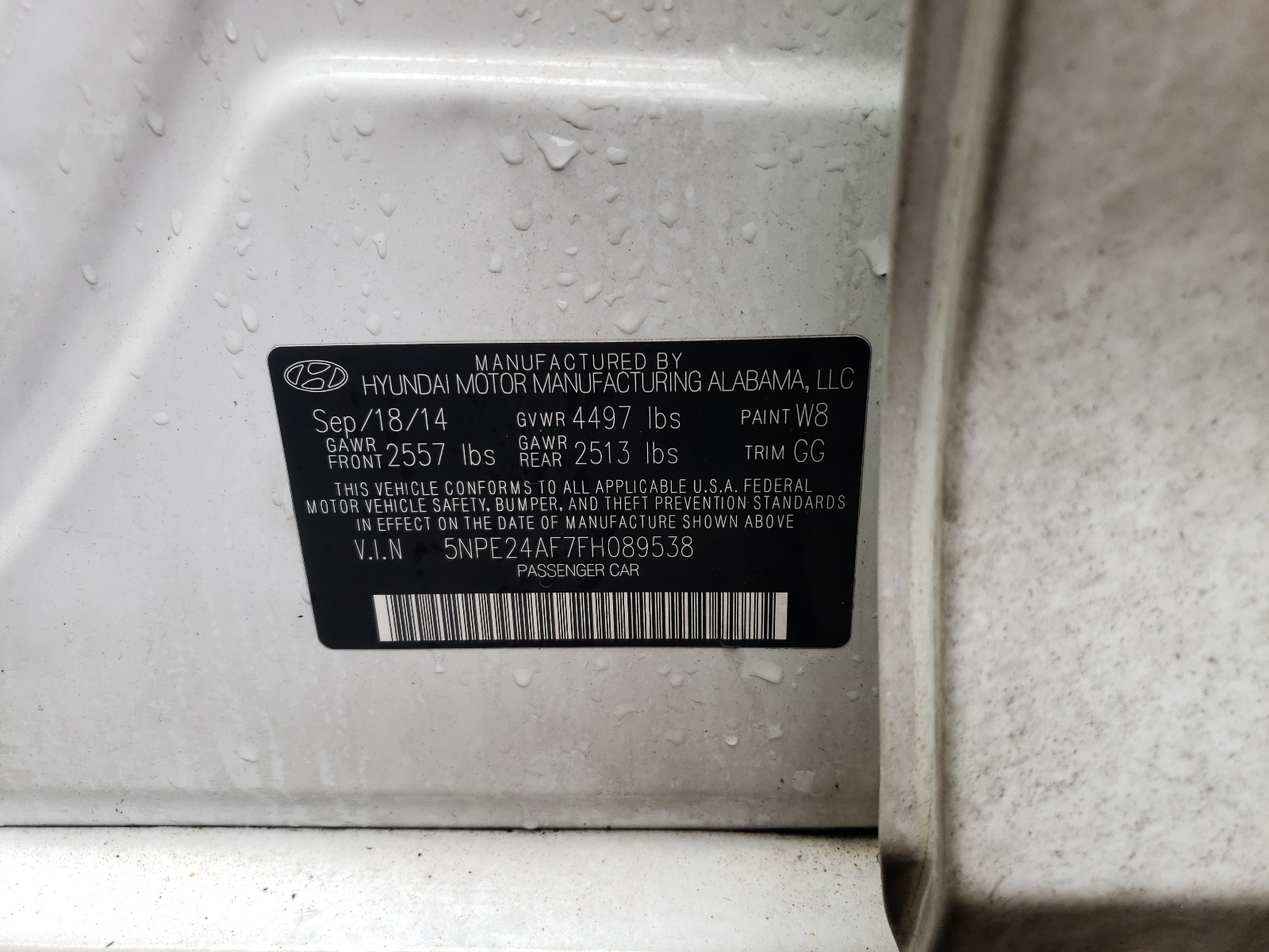 Photo 10 from auction – 2015 HYUNDAI SONATA SE with VIN 5NPE24AF7FH089538