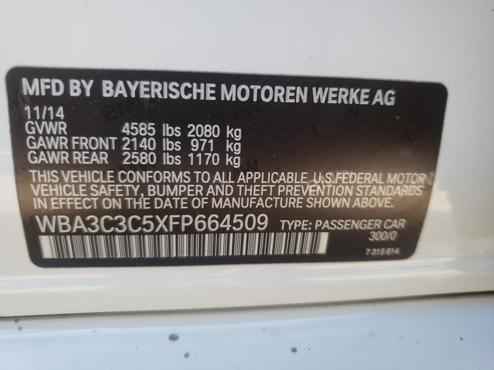 Photo 10 from auction – 2015 BMW 320 I XDRI with VIN WBA3C3C5XFP664509