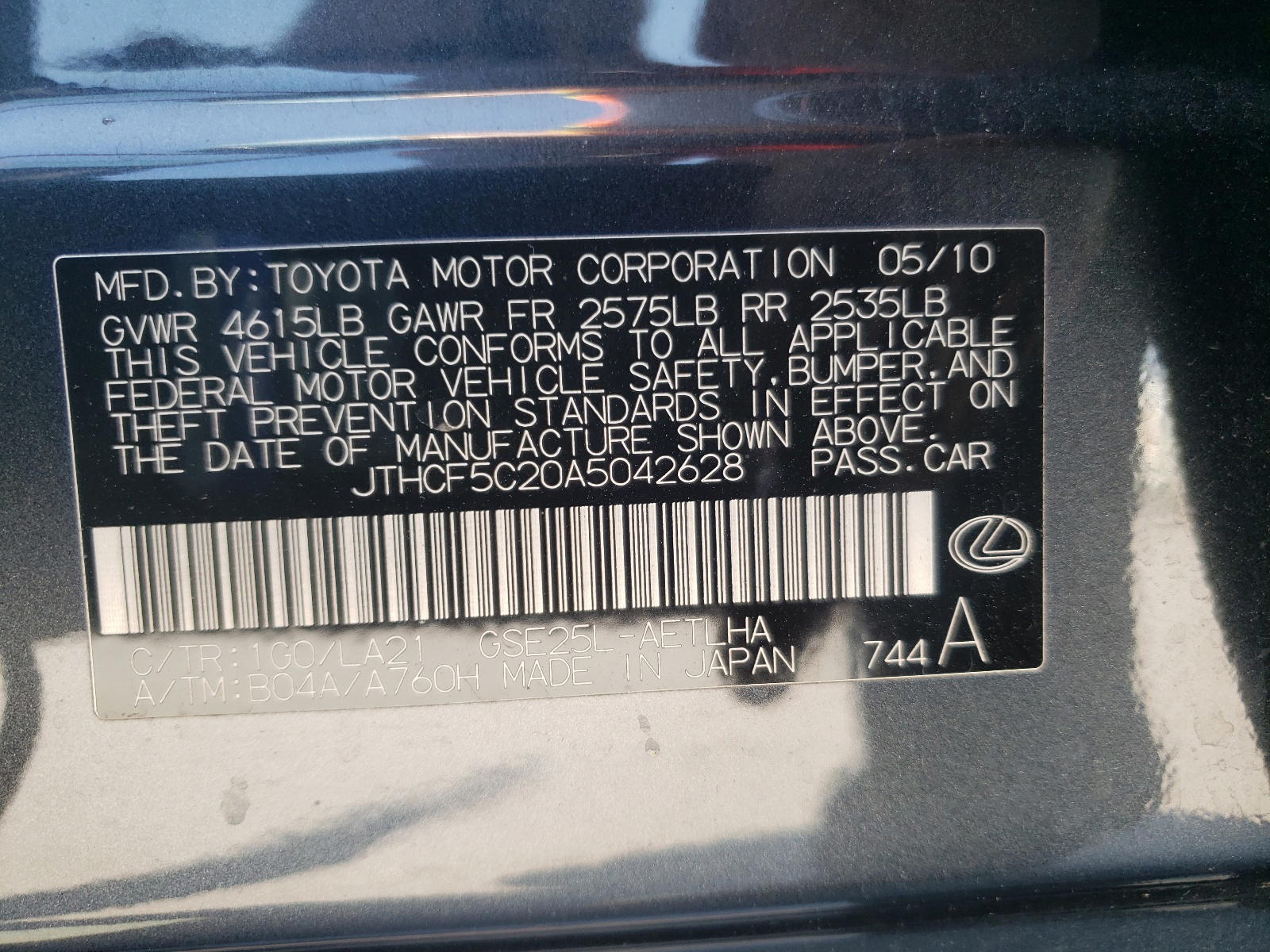 Photo 10 from auction – 2010 LEXUS IS 250 with VIN JTHCF5C20A5042628