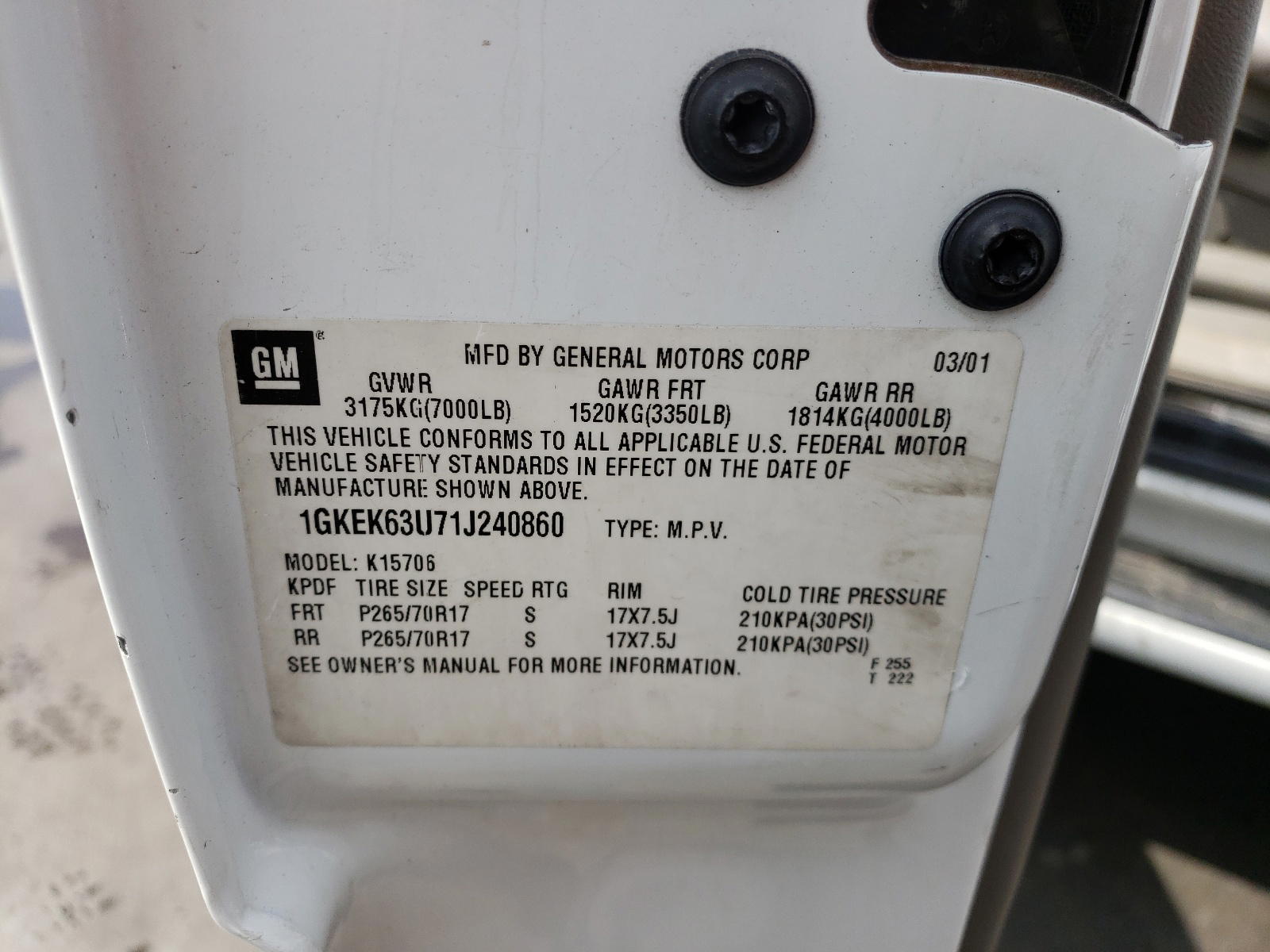Photo 10 from auction – 2001 GMC DENALI with VIN 1GKEK63U71J240860