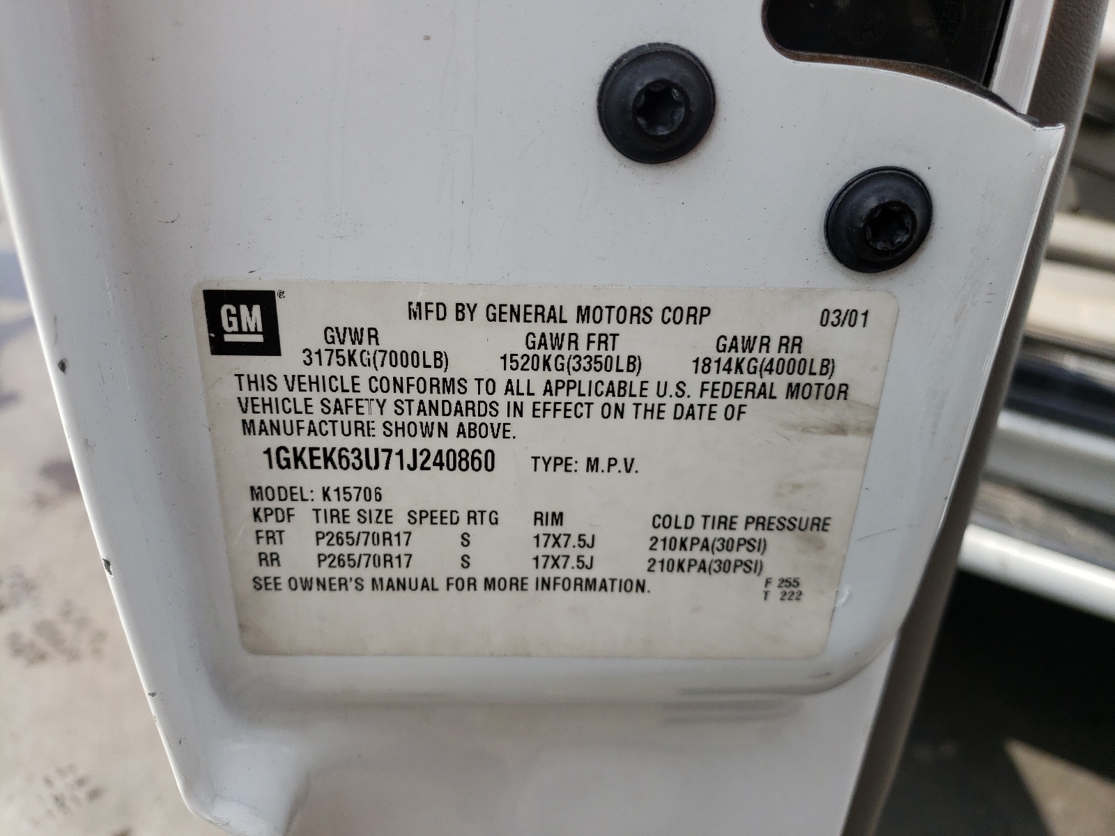 صورة رقم 10 من المزاد - 2001 GMC DENALI مع VIN 1GKEK63U71J240860