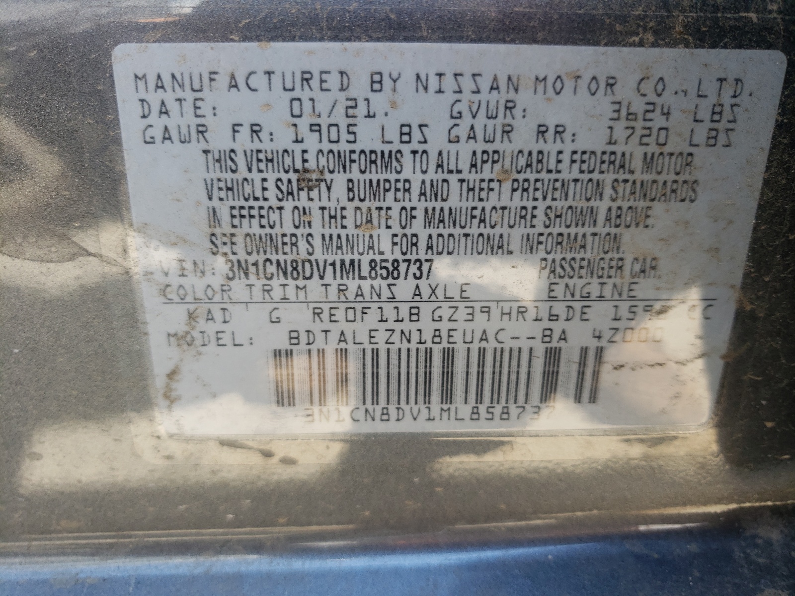 Photo 10 from auction – 2021 NISSAN VERSA S with VIN 3N1CN8DV1ML858737