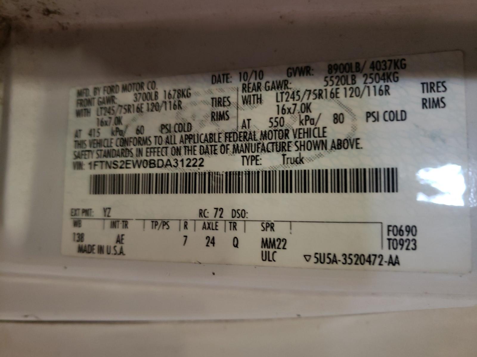 Photo 10 from auction – 2011 FORD ECONOLINE with VIN 1FTNS2EW0BDA31222