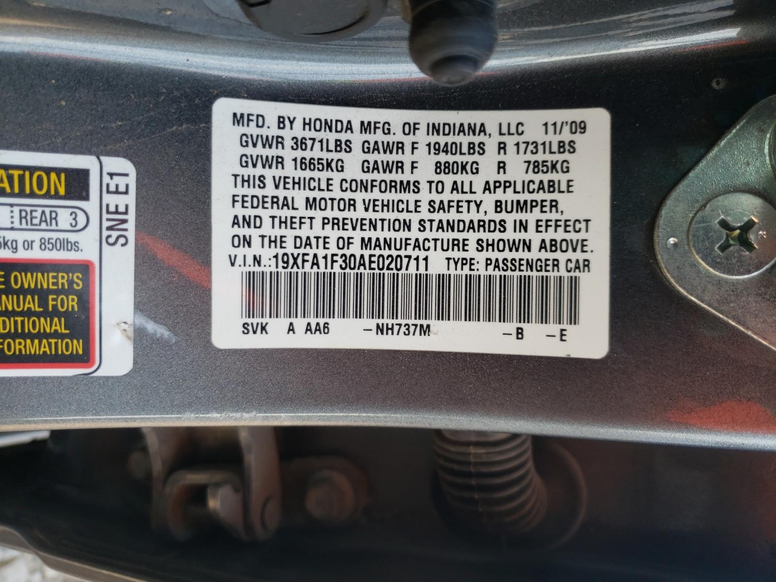 Photo 10 from auction – 2010 HONDA CIVIC VP with VIN 19XFA1F30AE020711
