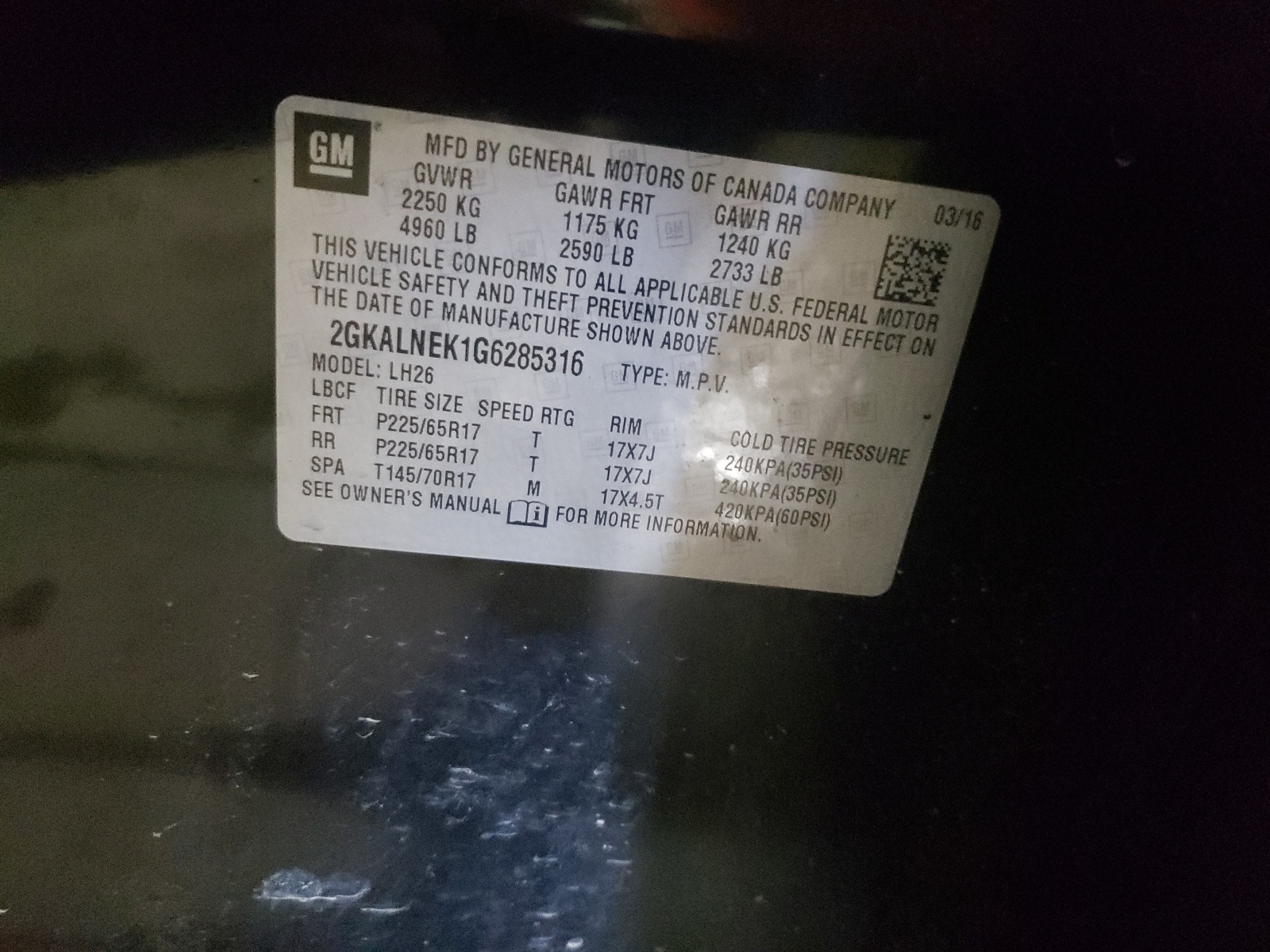 Photo 10 from auction – 2016 GMC TERRAIN SL with VIN 2GKALNEK1G6285316