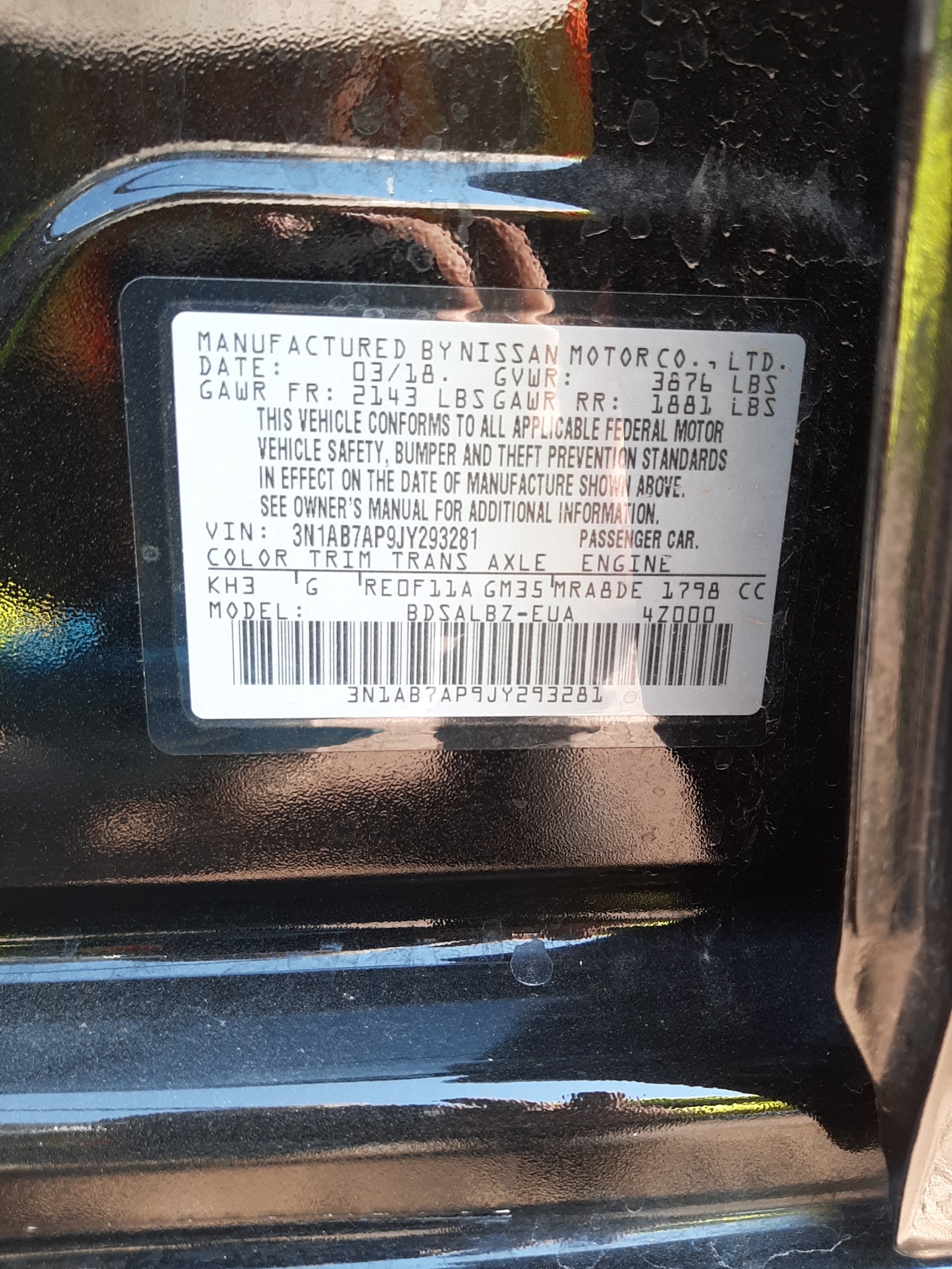 Photo 10 from auction – 2018 NISSAN SENTRA S with VIN 3N1AB7AP9JY293281