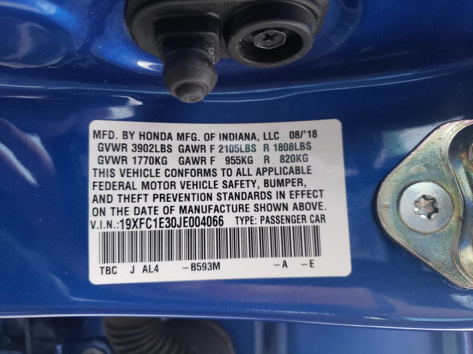 Photo 10 from auction – 2018 HONDA CIVIC EX with VIN 19XFC1E30JE004066