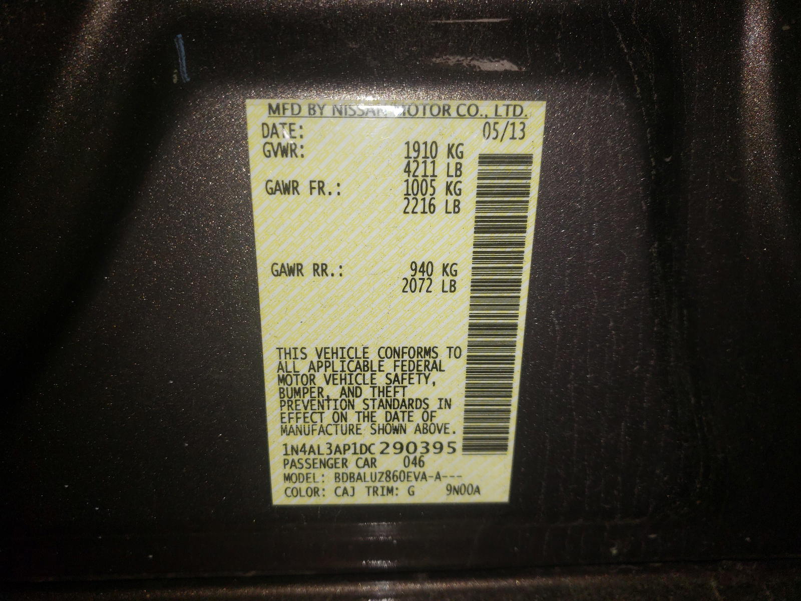Photo 10 from auction – 2013 NISSAN ALTIMA 2.5 with VIN 1N4AL3AP1DC290395
