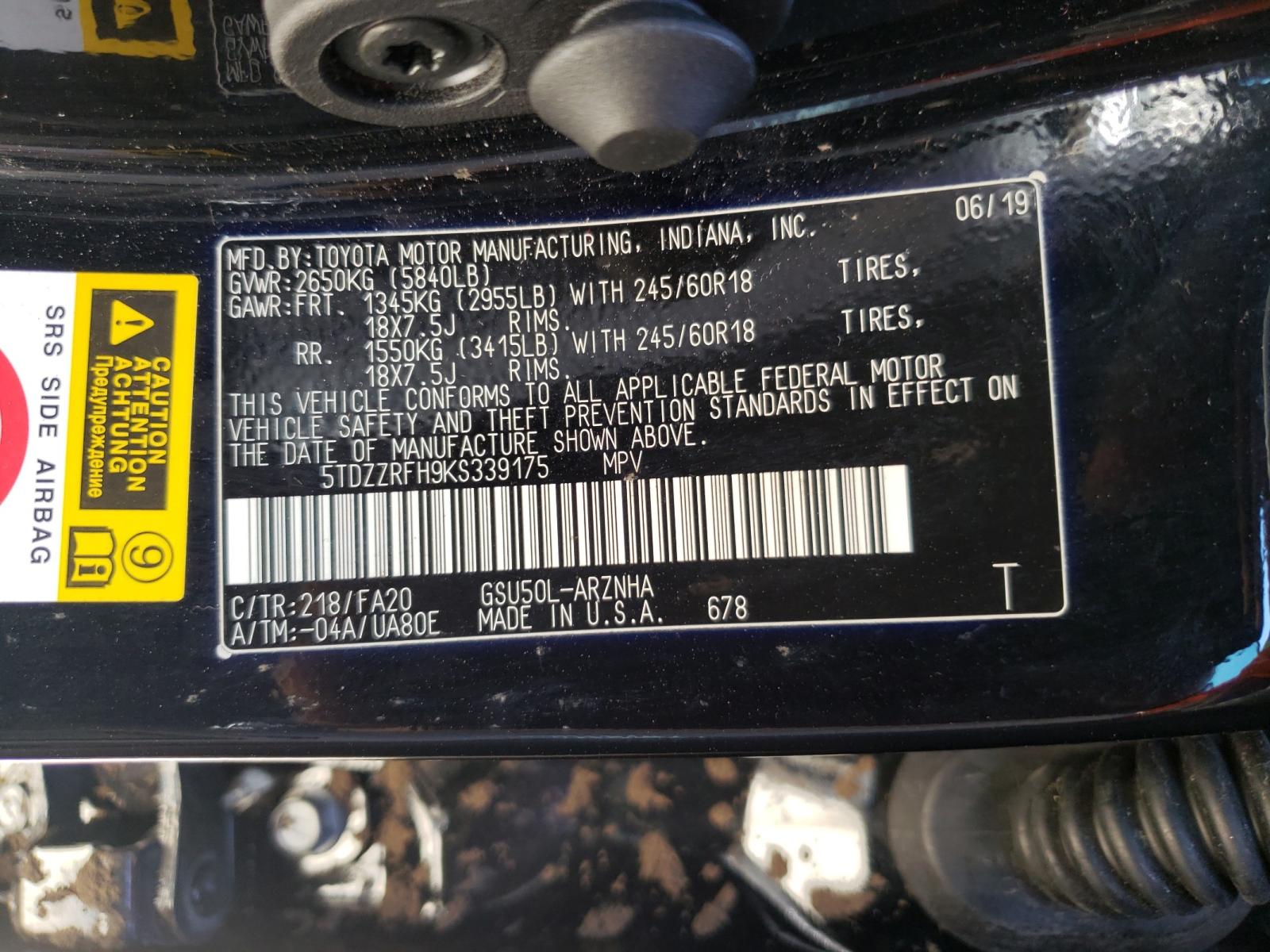 Photo 10 from auction – 2019 TOYOTA HIGHLANDER with VIN 5TDZZRFH9KS339175