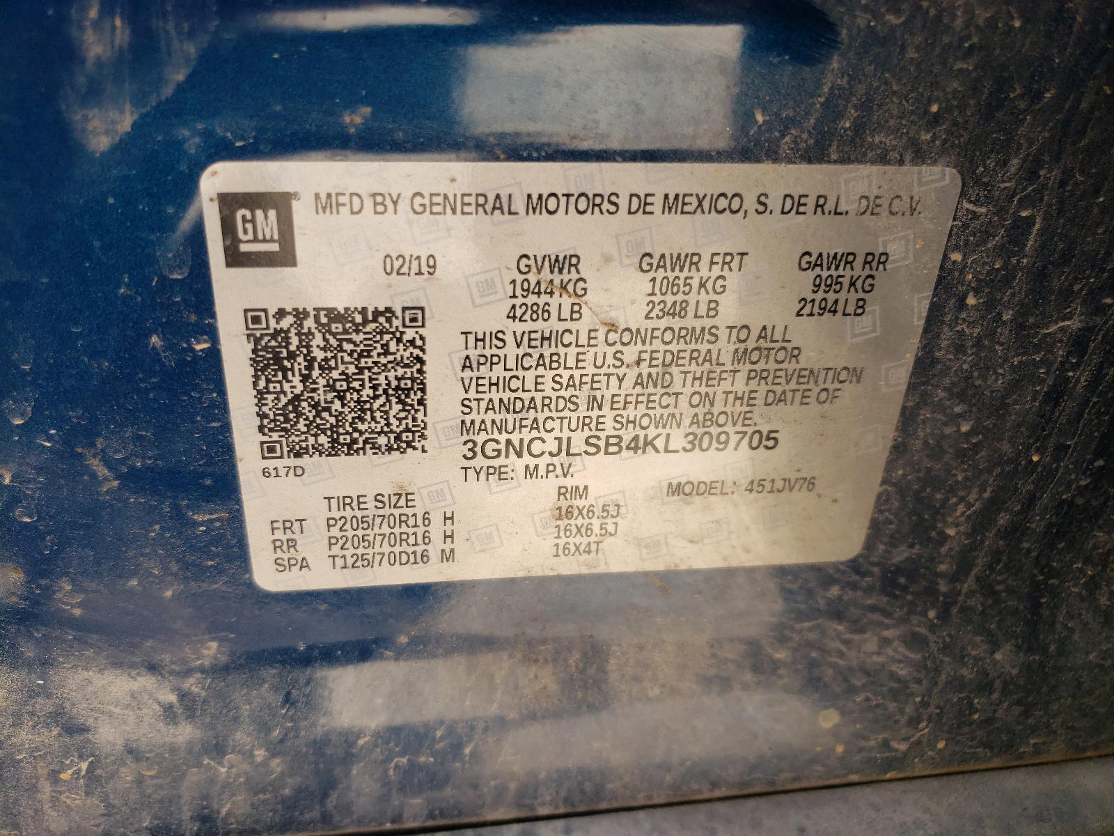 Photo 10 from auction – 2019 CHEVROLET TRAX 1LT with VIN 3GNCJLSB4KL309705