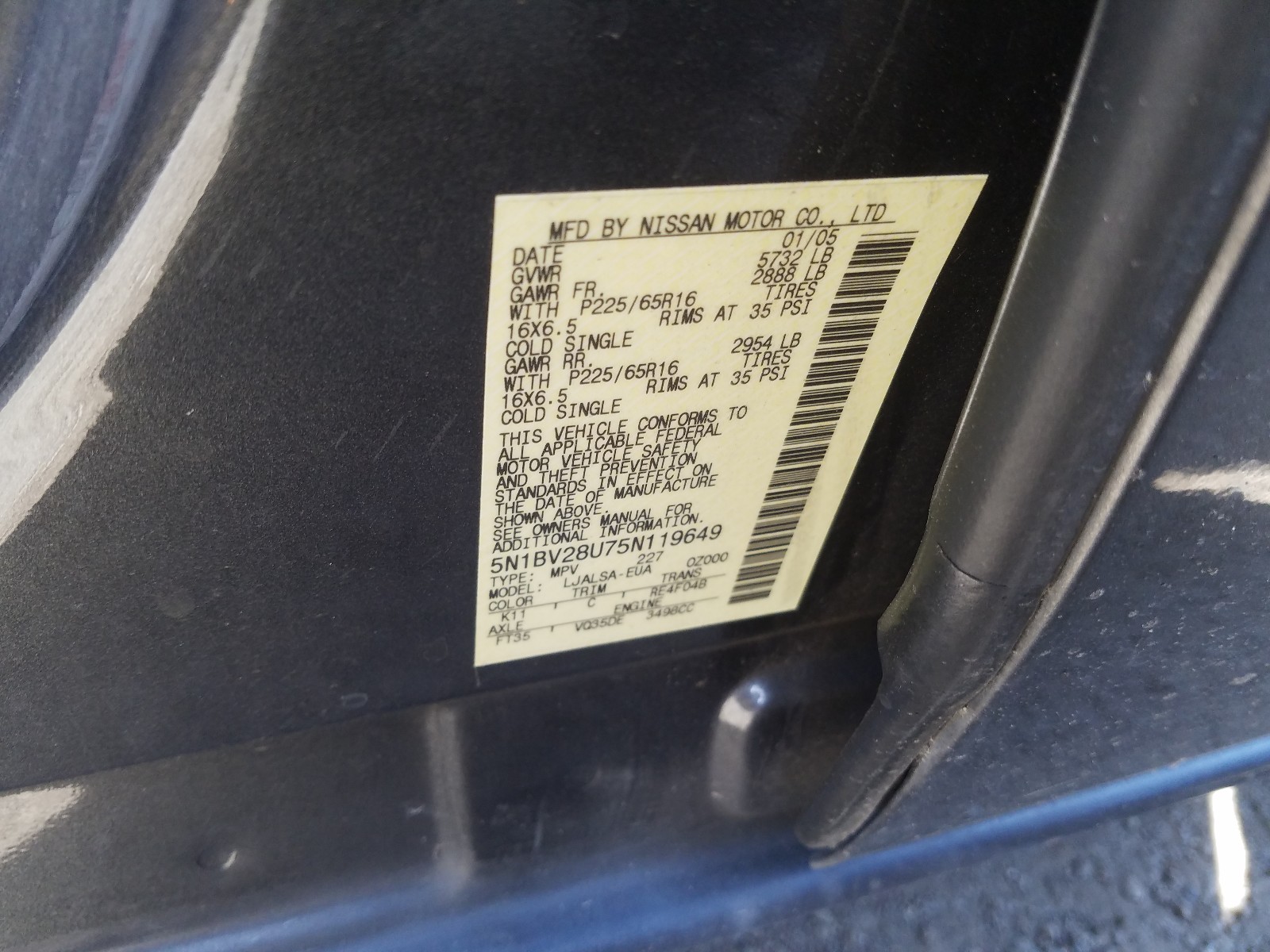 Photo 10 from auction – 2005 NISSAN QUEST S with VIN 5N1BV28U75N119649