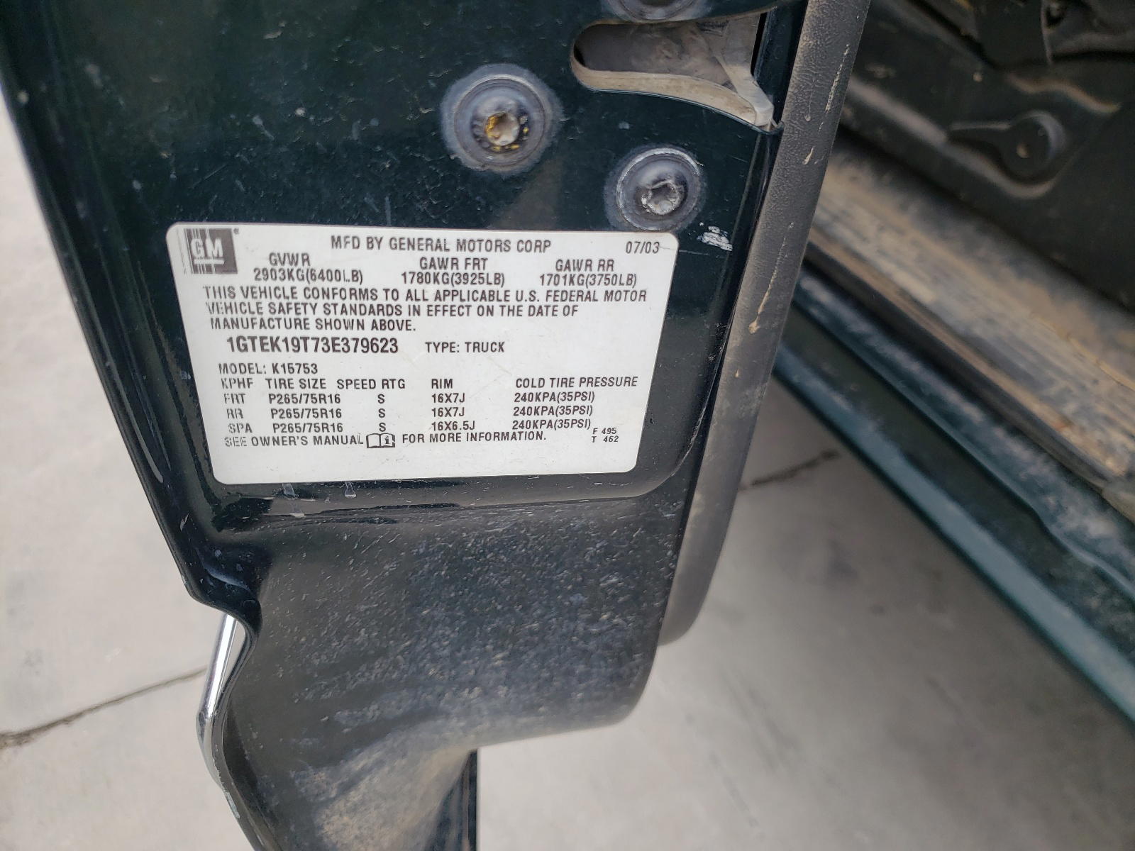Photo 10 from auction – 2003 GMC SIERA with VIN 1GTEK19T73E379623