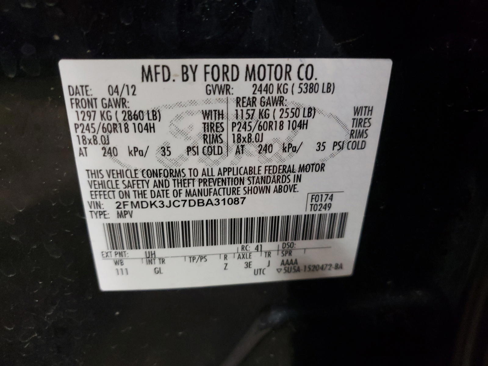 Photo 10 from auction – 2013 FORD EDGE SEL with VIN 2FMDK3JC7DBA31087