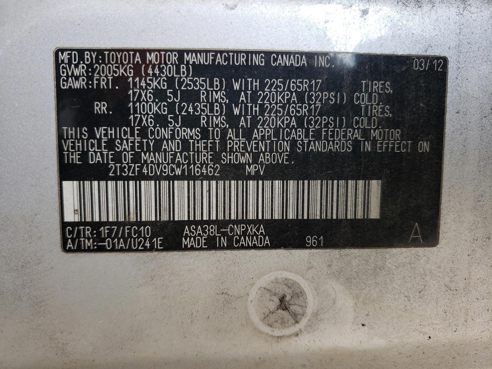 Photo 10 from auction – 2012 TOYOTA RAV4 with VIN 2T3ZF4DV9CW116462