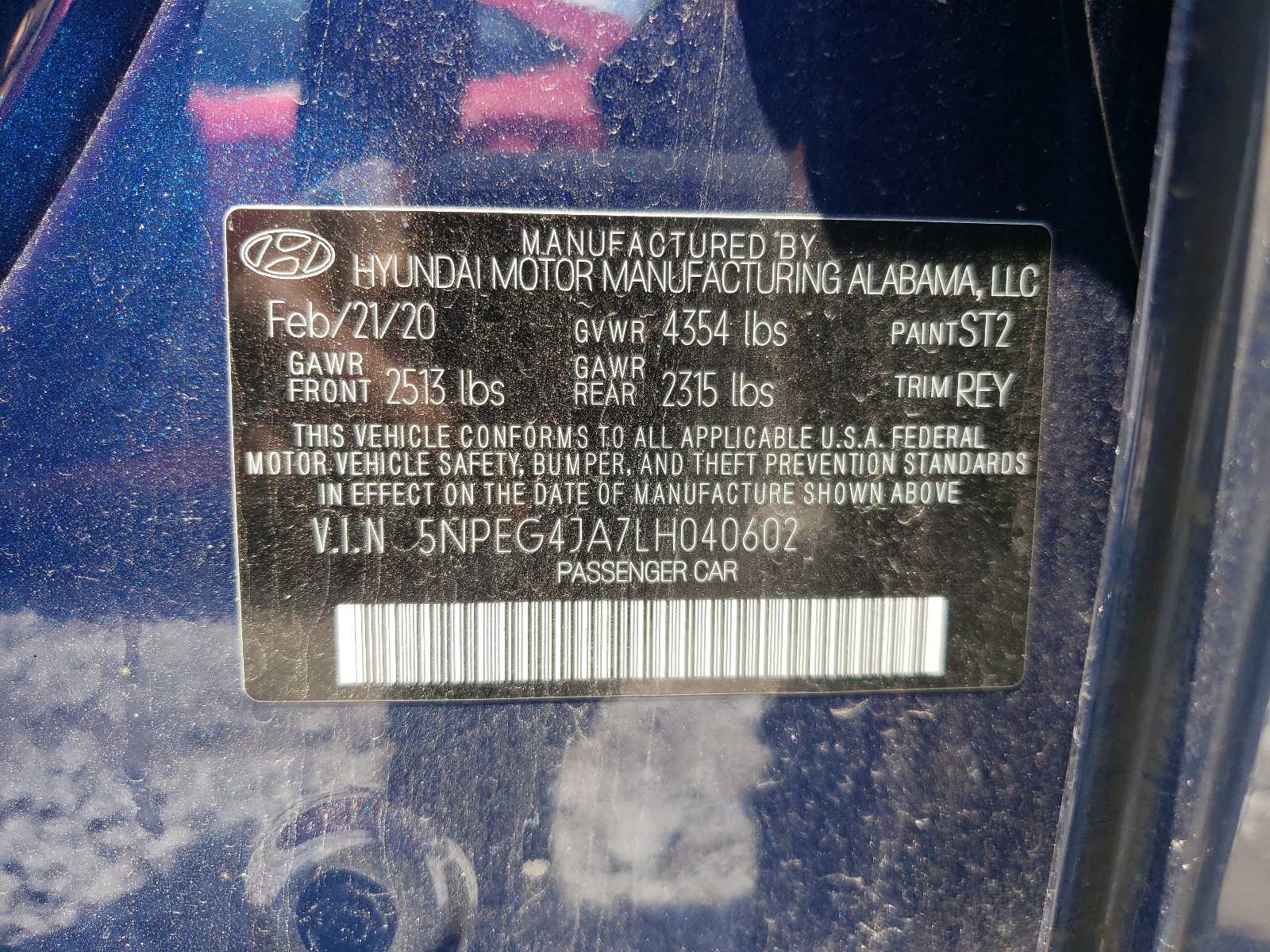 Photo 10 from auction – 2020 HYUNDAI SONATA SE with VIN 5NPEG4JA7LH040602