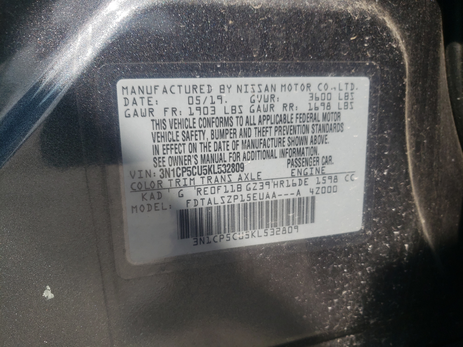 Photo 10 from auction – 2019 NISSAN KICKS S with VIN 3N1CP5CU5KL532809