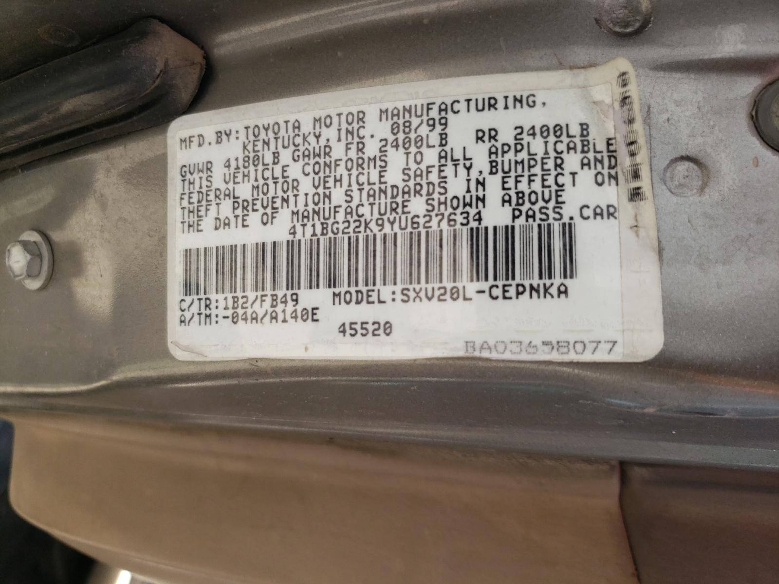Photo 10 from auction – 2000 TOYOTA CAMRY CE with VIN 4T1BG22K9YU627634